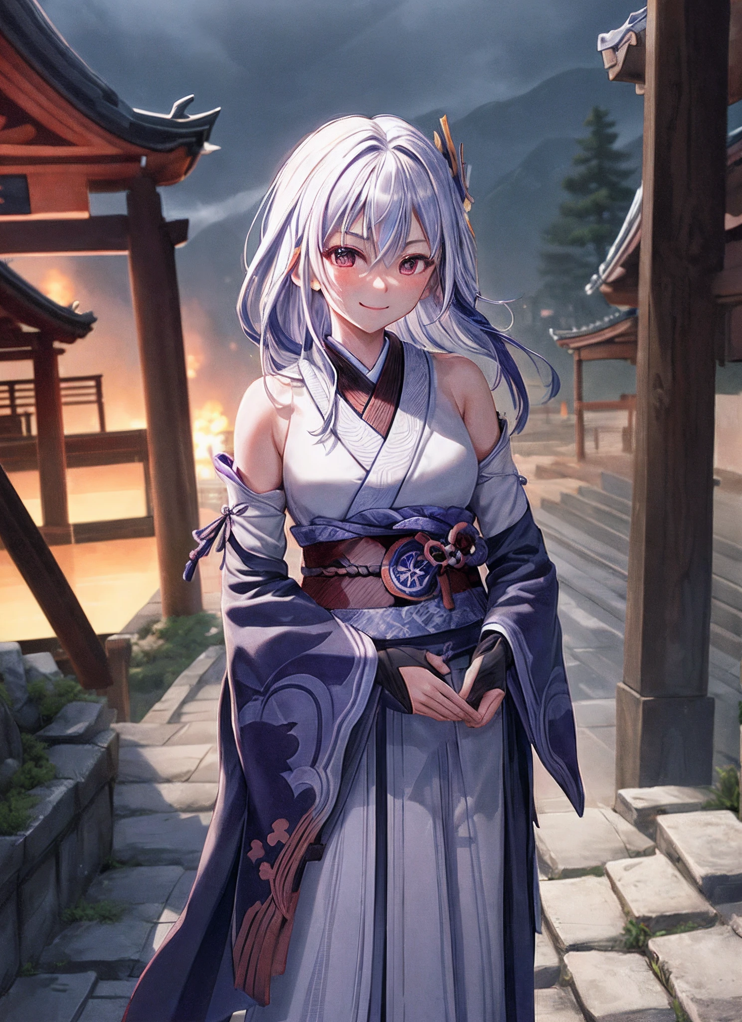 Raiden Shogun, upper Big body, smile, blush, outdoors, day, simple background, Dark sky, Long hair, sky, temple, looking at viewer, stairs, Village, moody lighting,