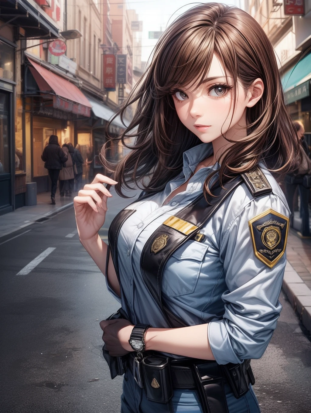 Best Quality, masutepiece, beautiful mature women、Beautiful face、Strong-minded woman、Female Police Officer、brown haired、Brown-eyed、Longhaire、Undersized eyes、Full body like、Downtown、outside of house