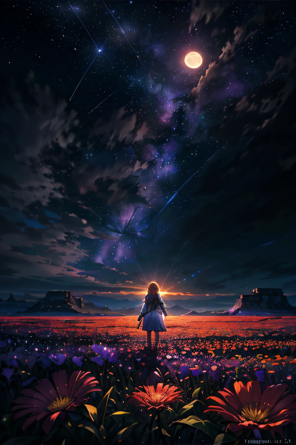 expansive landscape photography, (a bottom view showing the sky above and open country below), a girl standing in a field of flowers looking up, (full moon: 1.2), (shooting stars: 0.9), (nebula : 1.3), distant mountain, BREAK tree production art, (warm light source: 1.2), (Firefly: 1.2), lamp, lots of purple and orange, intricate details, volumetric lighting, BREAK realism (masterpiece: 1.2) , (best quality), 4k, ultra-detailed, (dynamic compositing: 1.4), highly detailed, colorful details, (iridescent colors: 1.2), (bright lighting, atmospheric lighting), dreamy, magical, (solo: 1.2)