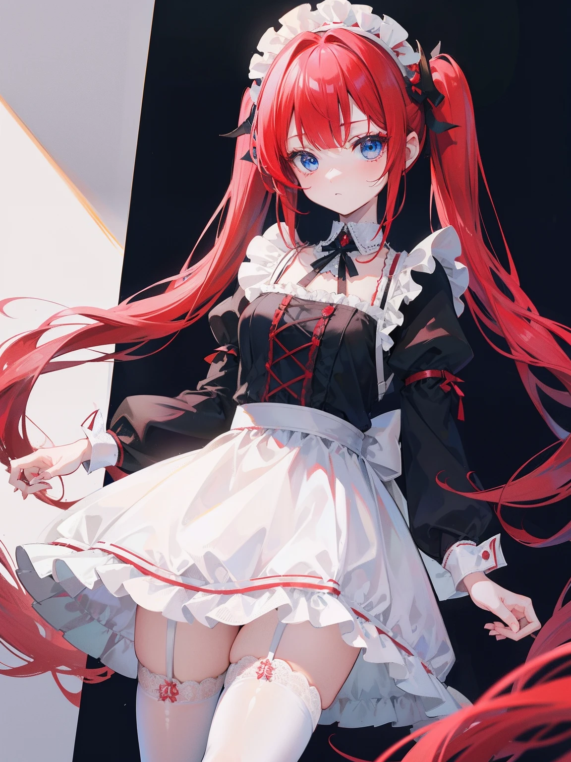 red hair,blue eyes,twintails,maid, long hair, long sleeves, gothic, solo, loli,Short skirt, white stockings,{{best quality}}, {{masterpiece}}, {{ultra-detailed}}, {illustration}, {detailed light}, {an extremely delicate and beautiful},little girl,cute,dragon horns