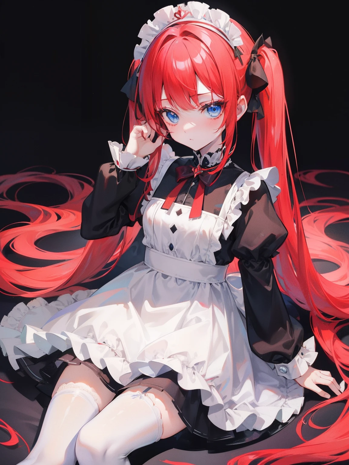 red hair,blue eyes,twintails,maid, long hair, long sleeves, gothic, solo, ,Short skirt, white stockings,{{best quality}}, {{masterpiece}}, {{ultra-detailed}}, {illustration}, {detailed light}, {an extremely delicate and beautiful},litte,dragon horns