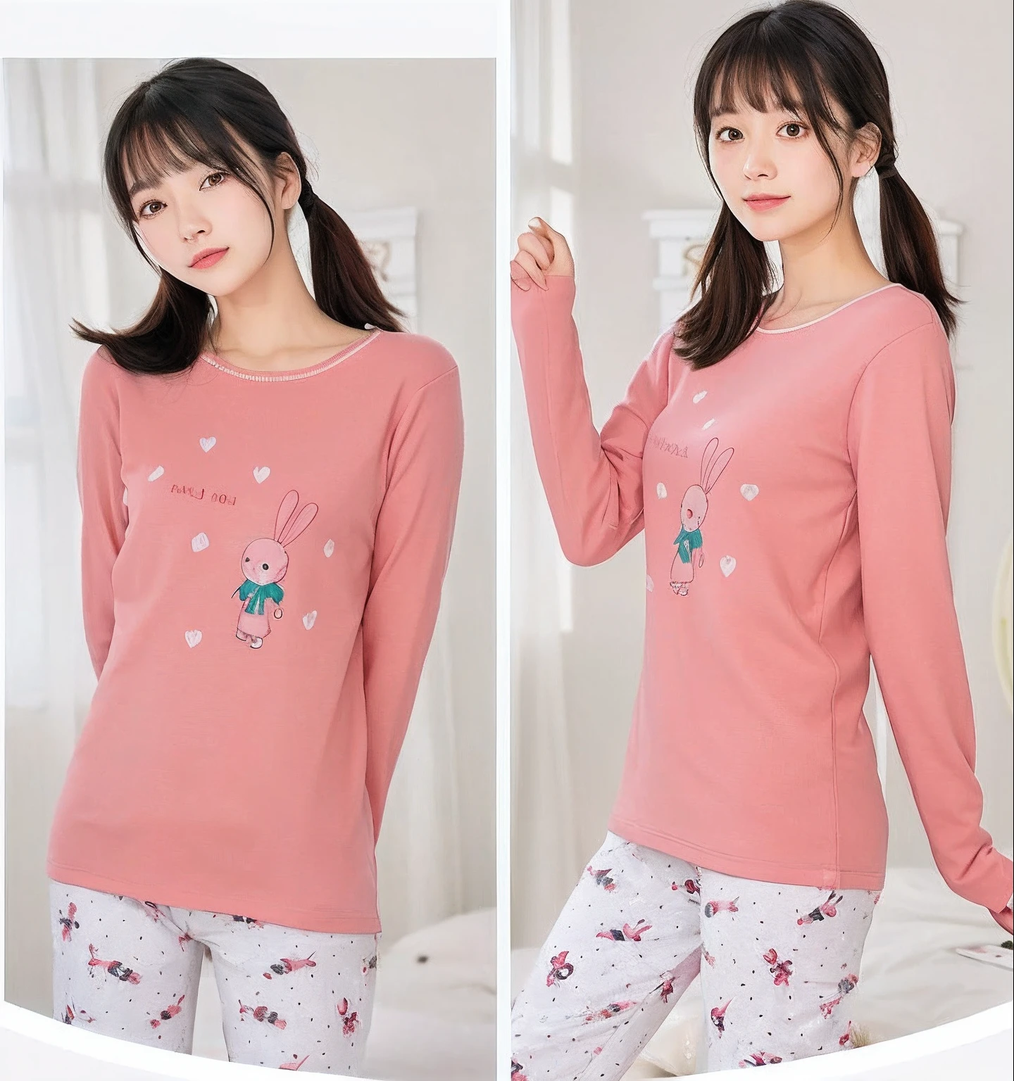 Arafad image of a woman in pajamas taking a selfie, designed for cozy aesthetics!, pyjamas, Long sleeves, 2 0 2 0 fashion, High quality material BSSRDF, central image, light violet, purple, full - length view, full - length view, soft - warm, light gray, Gray, Cotton, Grey, goodnight, wearing pajamas