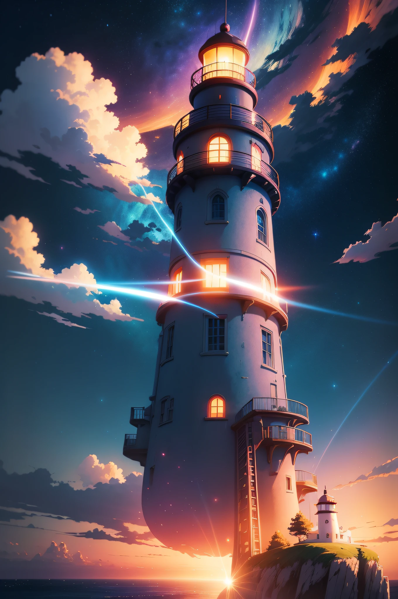 Anime scene of a lighthouse with bright beams in the sky, colorful anime movie background, beautiful anime scenes, Cosmos Sky. By Makoto Shinkai, ethereal starlit city at sunset, anime style cityscape, Anime background art, Anime Sky, Makoto Shinkai Cyril Rolando, anime backgrounds, beautiful anime scenery, Anime art wallpaper 4k