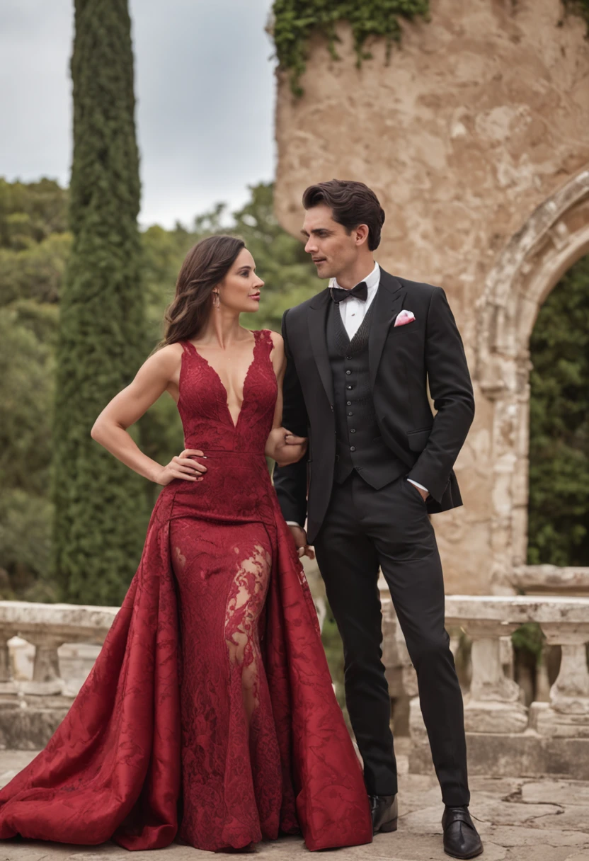 Homem de terno preto e mulher de vestido vermelho, um casal elegante, Lovely couple, romantic couple, homem e mulher, Photo Session, com longos cabelos pretos, Homem e mulher apaixonados, foto de retrato, pose de casal, par, attractive female, vestindo roupas pretas elegantes, com cabelos pretos, apelo masculino alta moda, Fumegante, muito intenso, sensual,