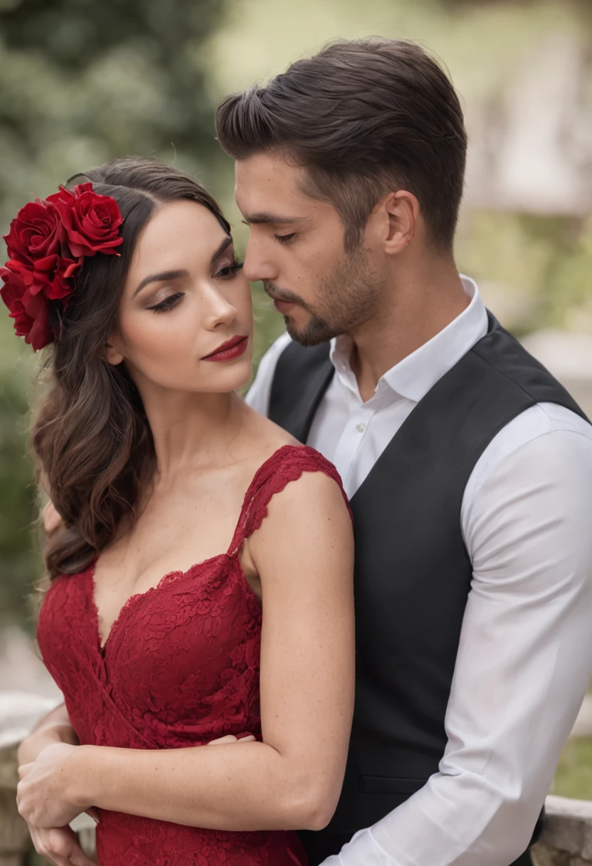 Homem de terno preto e mulher de vestido vermelho, um casal elegante, Lovely couple, romantic couple, homem e mulher, Photo Session, com longos cabelos pretos, Homem e mulher apaixonados, foto de retrato, pose de casal, par, attractive female, vestindo roupas pretas elegantes, com cabelos pretos, apelo masculino alta moda, Fumegante, muito intenso, sensual,