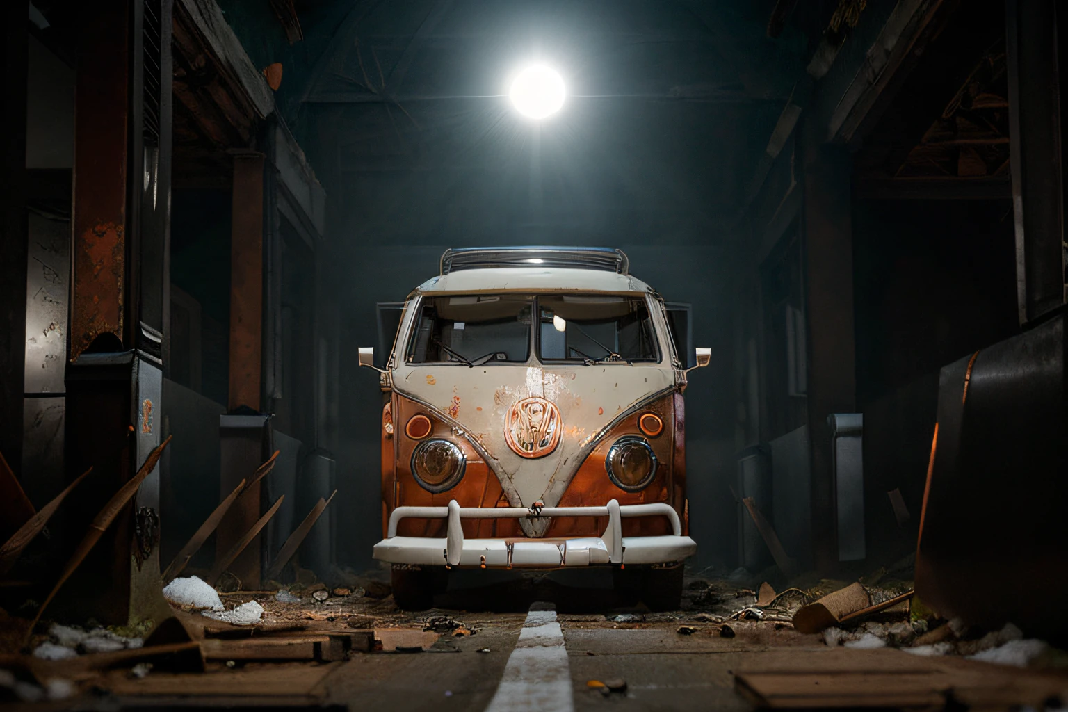 analog gloomy photo of an (orange) volkswagen kombi,  ((haunted house:1.0)), (walking dead:1.0), zombie apocalypse, (abandoned town at (midnight)), (full moon), (winter), (snow), ((horror movie)), ((nighttime)), lost in the wood, ruins, dilapidated buildings, High Detail, Sharp focus, (photorealism), realistic, best quality, 8k, award winning, dramatic lighting, epic, cinematic, masterpiece, rim light, ambient fog:1.5, dutch angle,