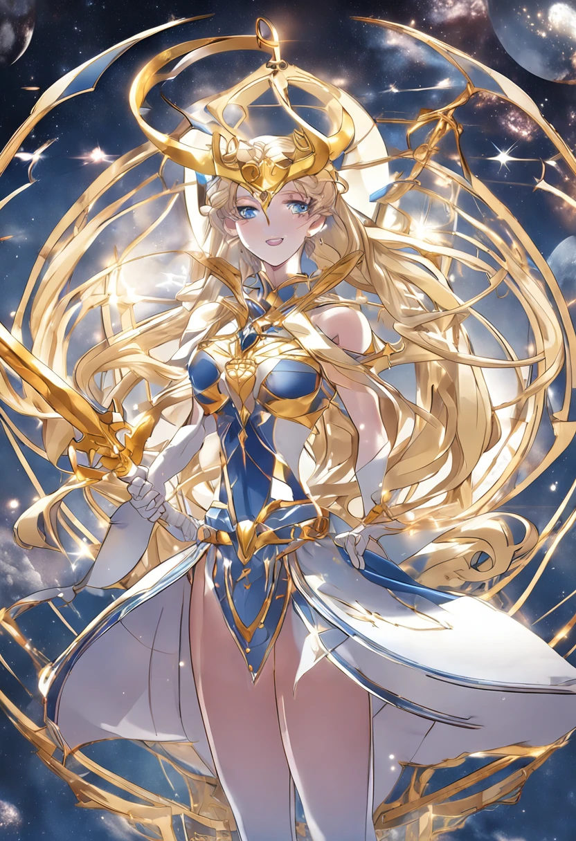 eternal sailor moon, Goddess, Awakened God-like power, Confident expression, Beautiful detailed eyes, intricate clothes, ((Engraved silver seams)), Wielding a golden scythe, Exudes a brilliant light, Milky Way on background, Absolutely amazing, tack sharp focus, cosmic, big breasts enchanting, Masterpiece, ((((Best quality:1.4)))), ((((extreme hight detail))))