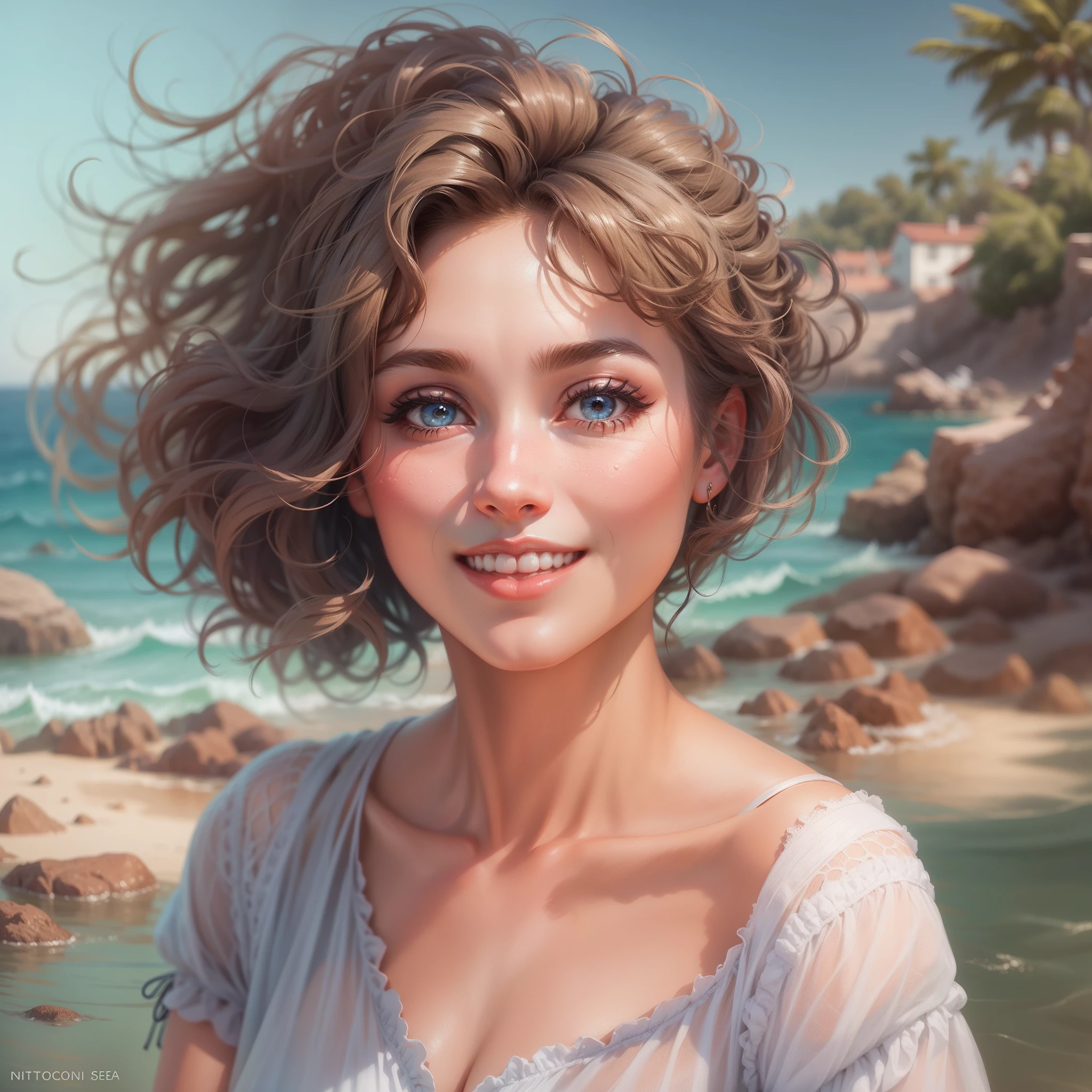 a pretty girl with light brown curly hair and edges and dimples with blue eyes ,highly detailed, Wearing bikini at the beach