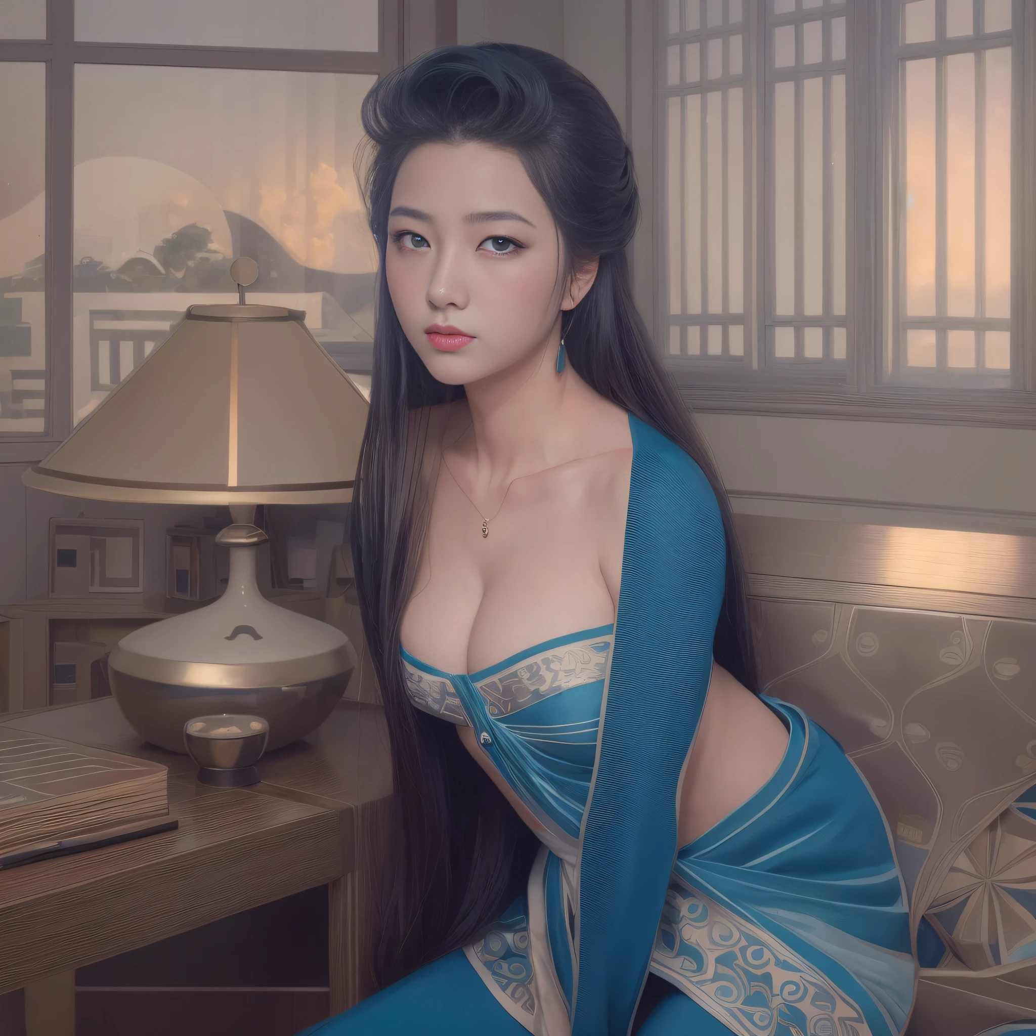desenho animado de uma mulher em um vestido azul sentado em uma cama, mulher bonita sedutora do anime, a beautiful artwork illustration, anime sedutora, Digital anime illustration, arte digital de um elegante, arte de pintura digital dos desenhos animados, exquisite digital illustration, inspirado por Chen Yifei, in illustration style digital, inspirado em Li Tang, inspirado em Yun-Fei Ji, color digital illustration.