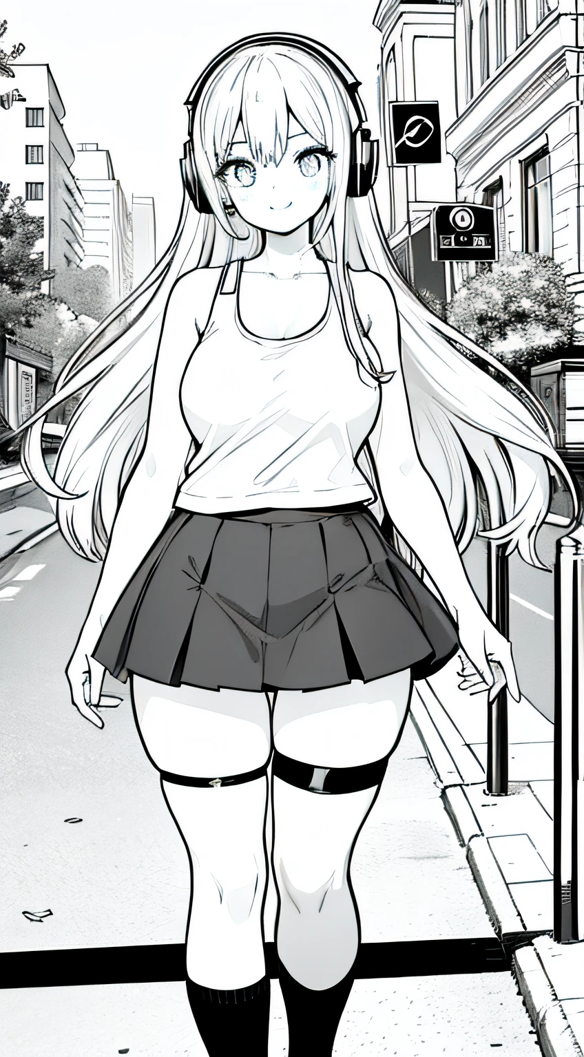 One Girl, Long Hair, Tank Top, Thigh High Socks, Skirt, Headphones, Walking On Street, Smiling, a bit bigger thighs and hips, hourglass figure, lineart