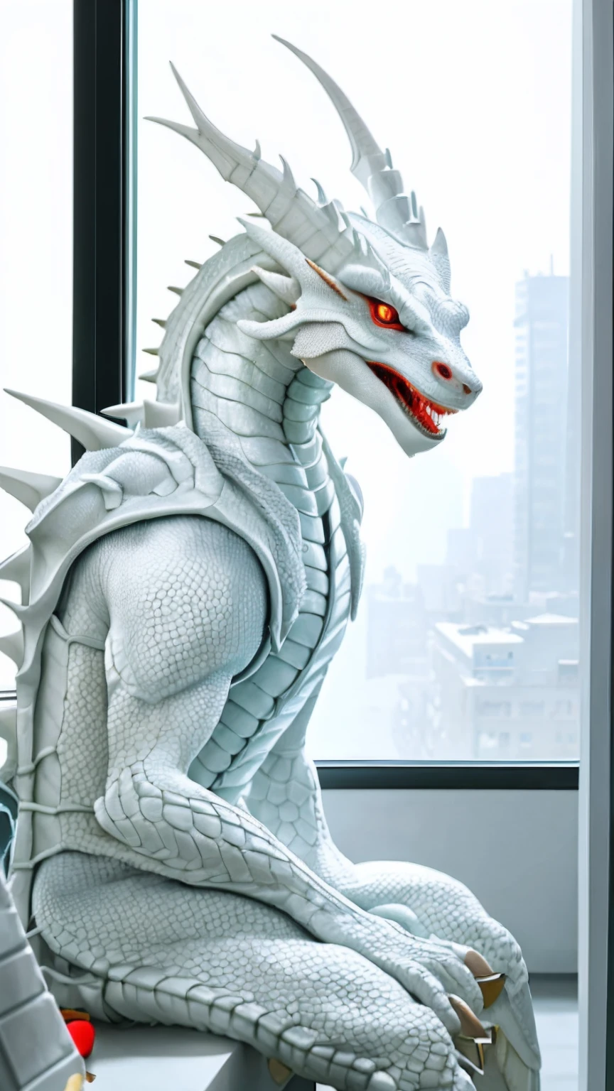 Bionic  dragon，White Dragon，White Hanfu，anthor，Sitting by the window of the apartment，HD graphics，Detailed and realistic，high detal，high qulity，photo-realistic，photorealistic eye，Detailed paws，Clear eyes，Masterpiece artwork，Five-fingered hands，top-quality，32k，hyper HD