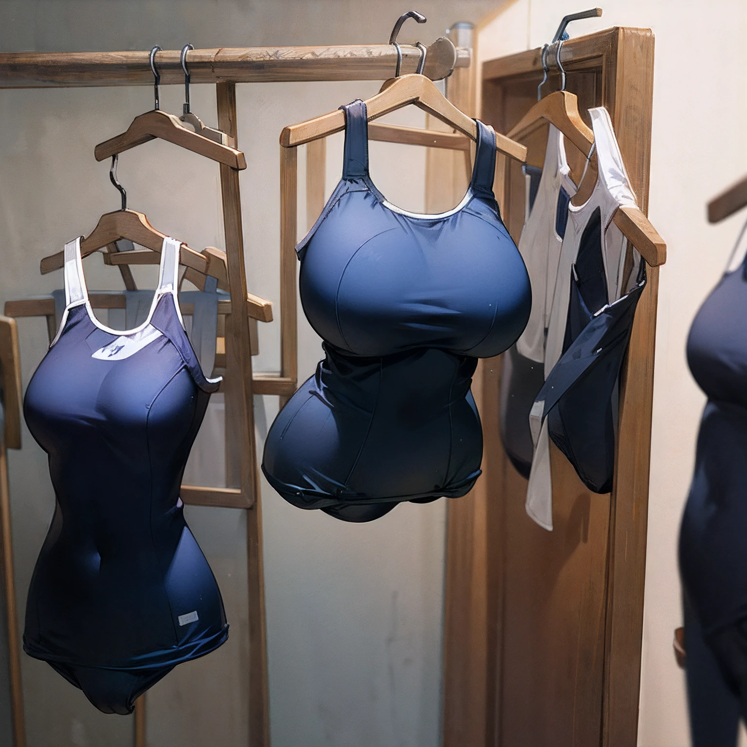(girls' school swimsuit on hanger:1.7) , (school swimsuit swells as if worn by invisible girl:1.7),((invisible, no humans:1.7, headless:1.7, handless, legless)), (big breasts:1.9), (in closet)
(8k, RAW photo, best quality, masterpiece:1.2), (realistic, photo-realistic:1.37),photon mapping, radiosity, ((Hasselblad photography)),physically-based rendering,