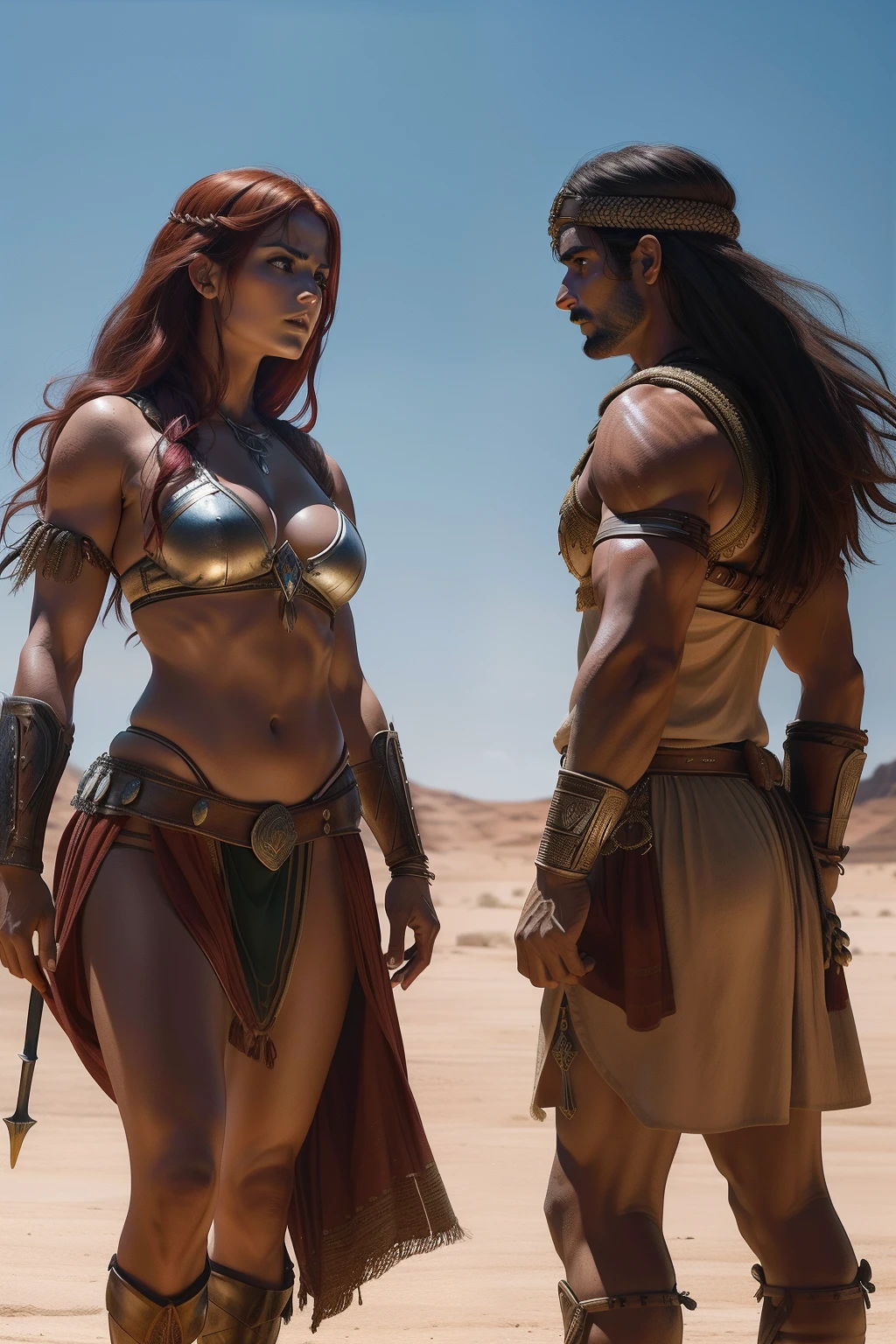 Red Sonja, mulher guerreira, cabelos longos, ruivos, olhos selvagens, voluptuosa, athletic, usando uma cota de malha prateada cobrindo os seios, tanga curta feita de pele animal,botas de couro bordado envelhecido, suando,em uma batalha mortal contra seus inimigos Khitaneses no deserto da Hirkania. film composition photography, Very detailed, extremely high-resolution, cor profissional, luz maravilhosa, luz do dia, 300k resolution, altamente realista, muitos detalhes.