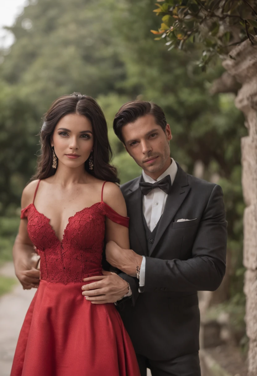 Homem forte de terno preto e mulher de vestido vermelho, um casal elegante, Lovely couple, romantic couple, homem e mulher, Photo Session, com longos cabelos pretos, Homem e mulher apaixonados, foto de retrato, pose de casal, par, attractive female, vestindo roupas pretas elegantes, com cabelos pretos, apelo masculino alta moda, Fumegante, muito intenso, sensual, homem musculoso