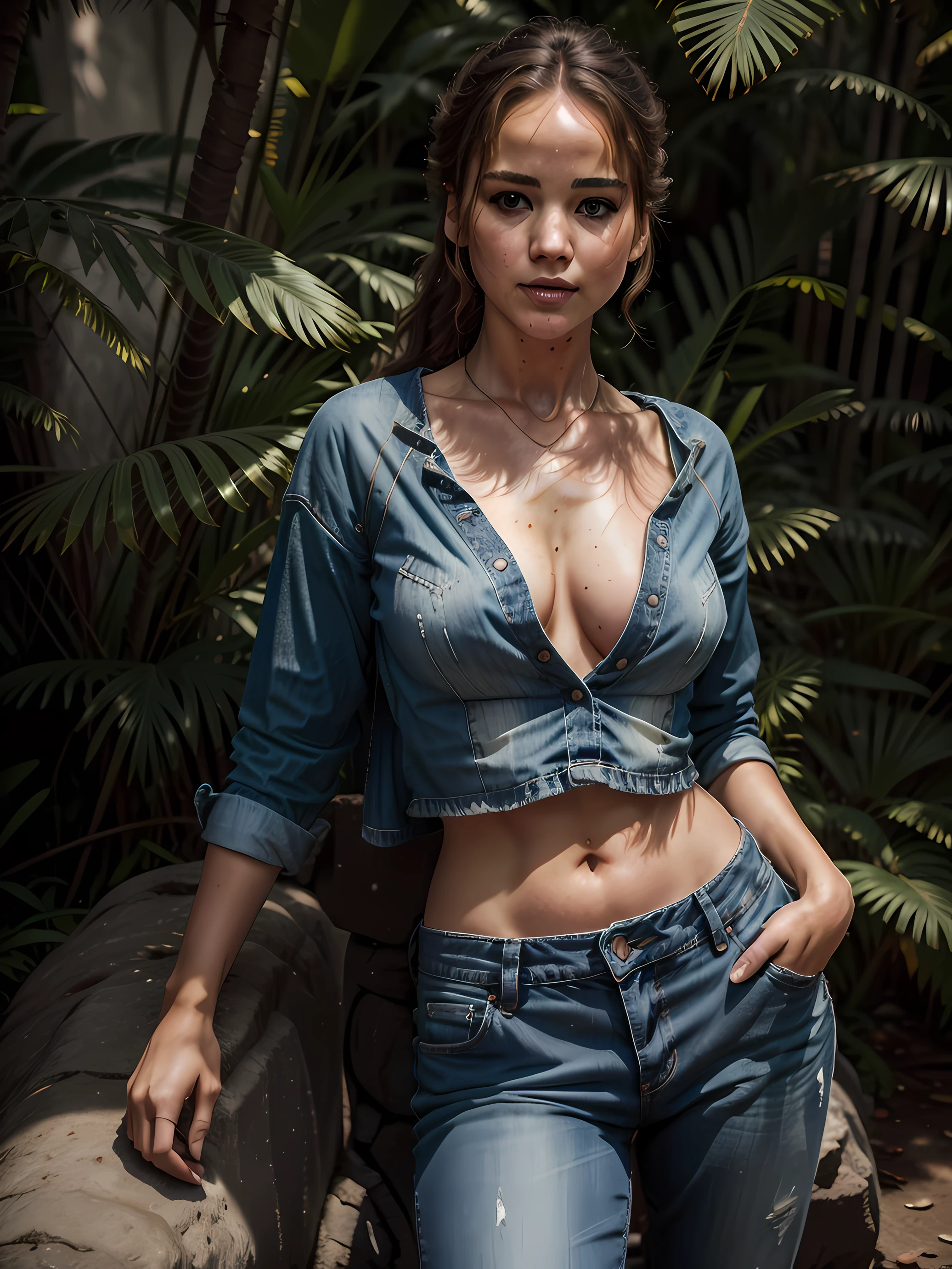 Uma linda mulher, inspirada em Jennifer Lawrence, com traje de jeans estilo super model, posando sentada em cima de uma pedra, clima tropical, noite escura, um pequena fogueira a lenha, extremamente detalhado, melhor qualidade, (Foto RAW, 8k UHD, qualidade superior, melhor qualidade, altamente detalhado: 1.2), (fotorrealista:1.4), detailed facial features, roupas extremamente detalhadas, sombras realistas, aspereza, textura natural da pele, vida real.