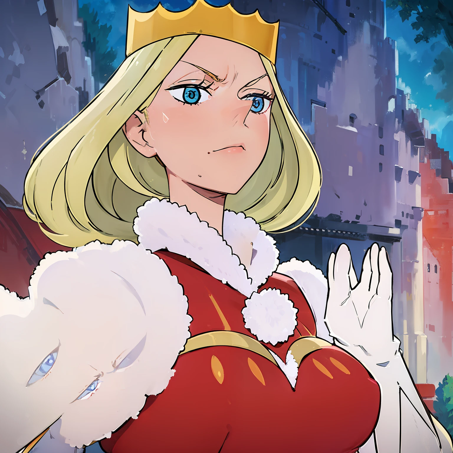 Queen Hilling, 1girl, blonde hair, blue eyes, big breasts, crown, dress, gloves, pointy nose, queen, red victorian dress, white fur tuft, solo, white background, white gloves, mature female, perfect anatomy, better hands, better face