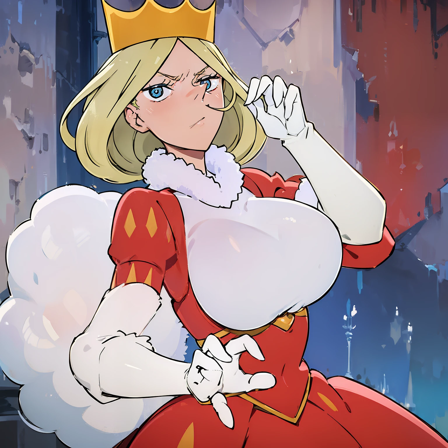 Queen Hilling, 1girl, blonde hair, blue eyes, big breasts, crown, dress, gloves, pointy nose, queen, red victorian dress, white fur tuft, solo, white background, white gloves, mature female, perfect anatomy, better hands, better face