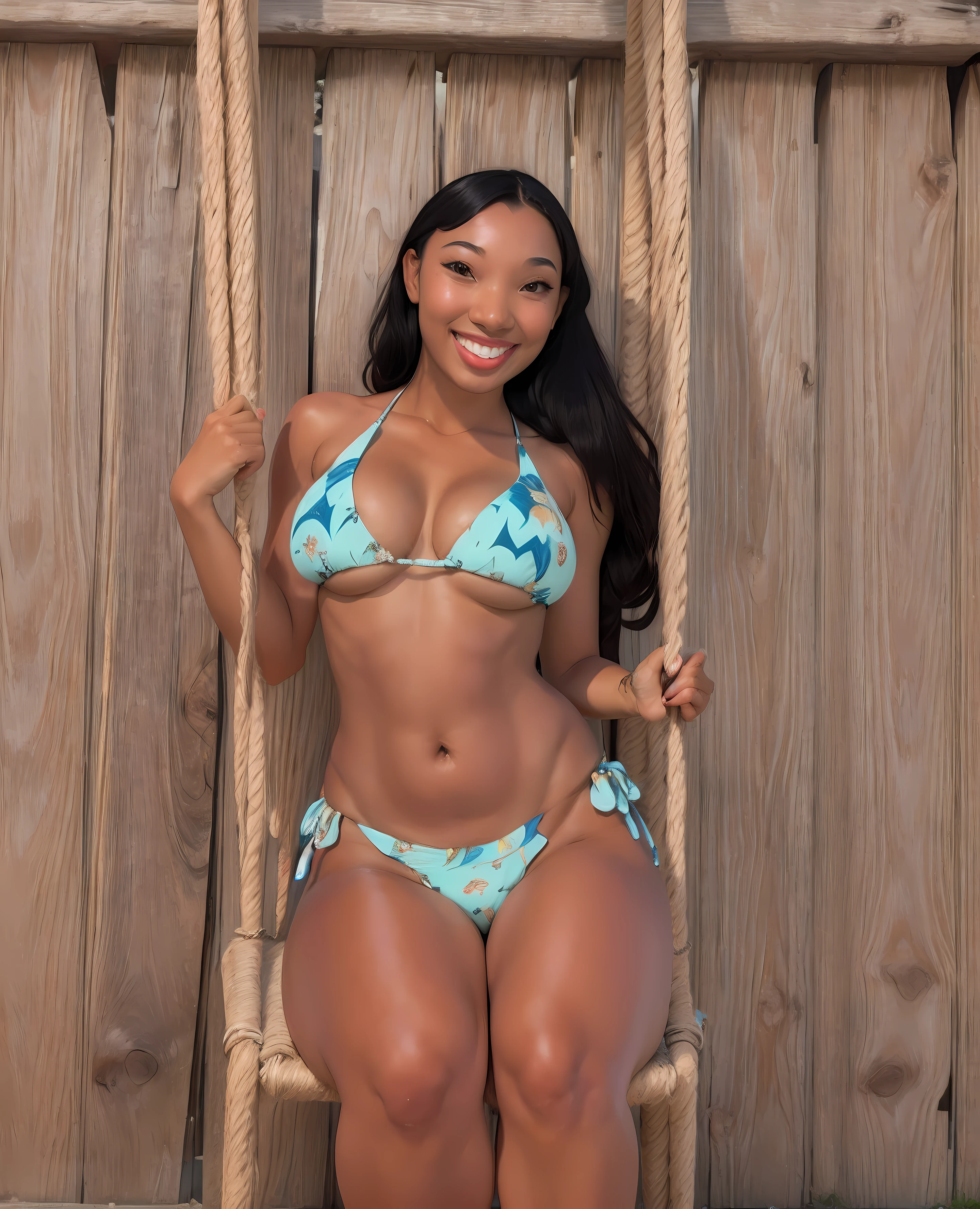 Amazing sexy Nani pelekai (naniwaifu) in a bikini sitting on a swing, brown skin, Very fine nose, detailed features, the most beautiful naniwaifu, huge breast, big tits saggy, smiling, 20-year-old girl from Caribbean, bikini model, in a bikini, blue turquoise microbikini, thick body, stunning curvy fitness girl, amazing beautiful face, tanned ameera al taweel, gorgeous bikini model, sexy :8,  full body shot in bikini, thicc