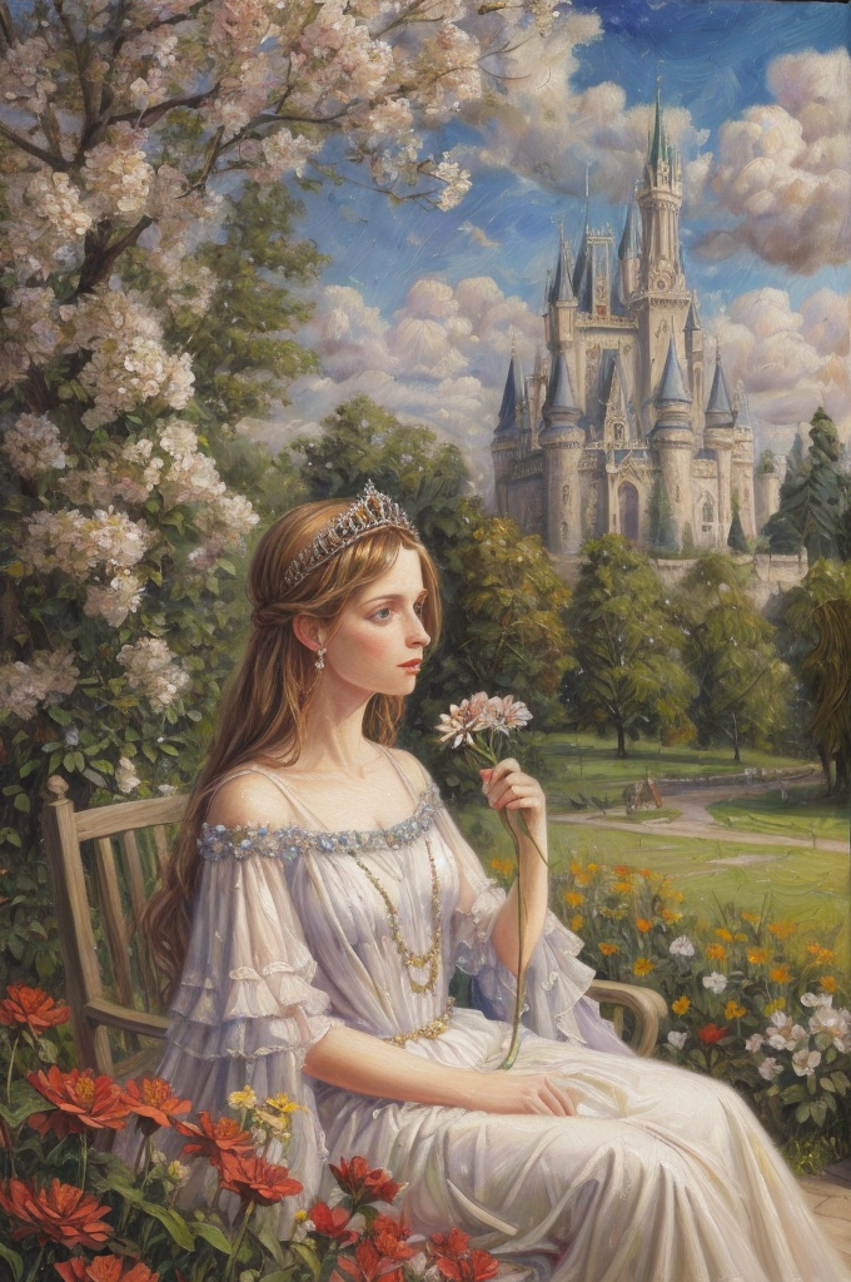 Painting of a woman sitting on a bench in front of a castle - SeaArt AI