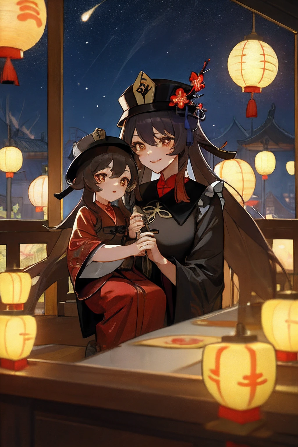 Anime image of two women wearing traditional Chinese costumes on a starry night, Palace maid Hanfu, WLOP and Sakimichan, Hat Hu Tao, Long hair, double tails, black haired deity, Anime fantasy illustration, Genshin, Hu Tao detailed art, two beautiful anime girls, Mother and child, A symbol of maternal love, Mother and child, Such as mother and child photos, mischievous grin, starry night background , Mother and son play in a traditional Chinese house, Lanterns, Sit back and enjoy the view of Chinatown