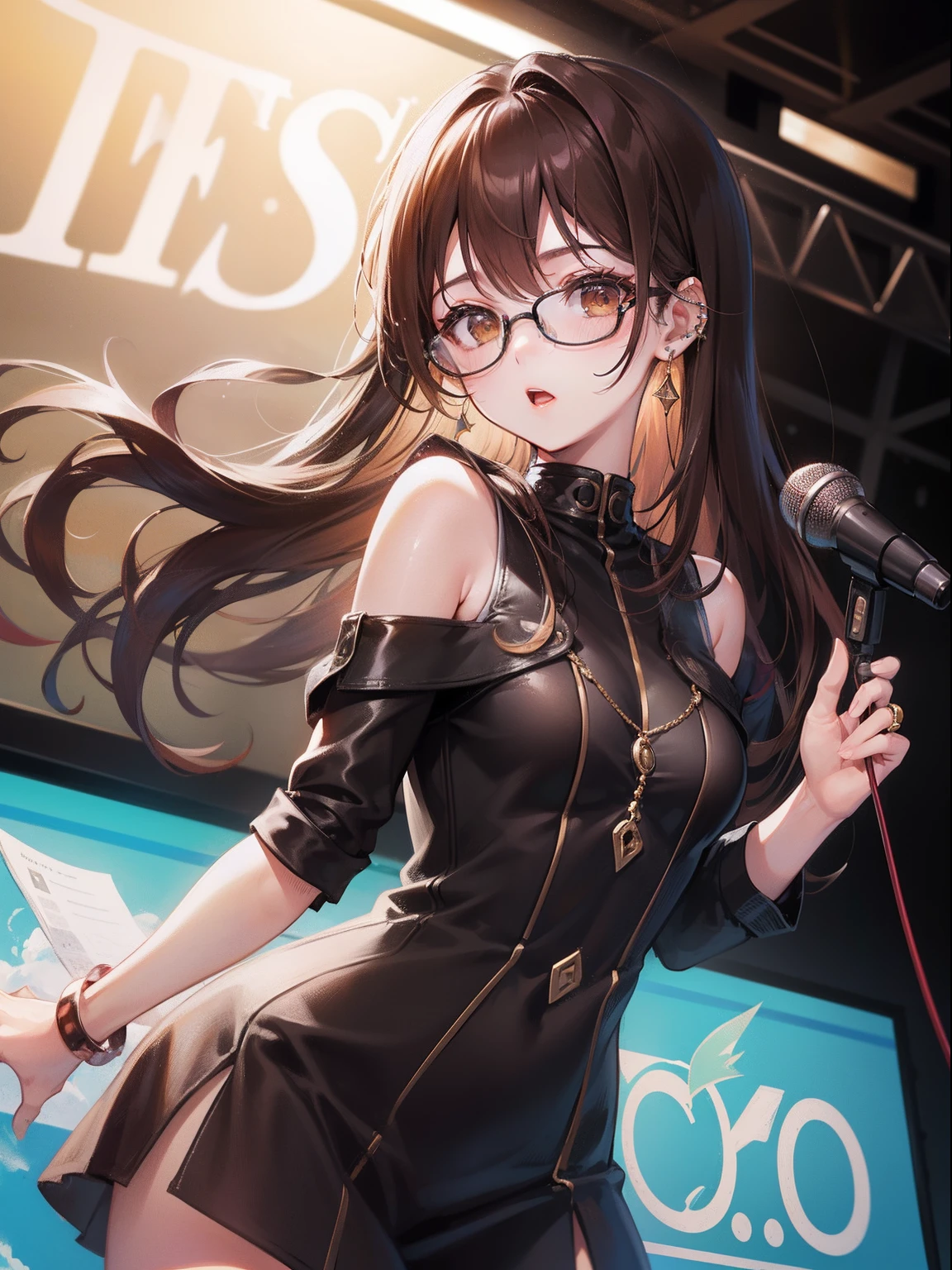 1人の女性、brown haired(Curta)、Brown eyes、Black-rimmed glasses、Ring piercing of the earlobe、Have a microphone、Sing a song