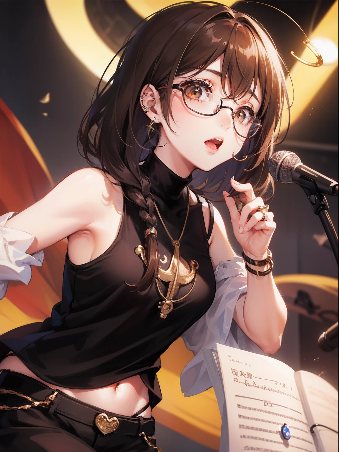 1人の女性、brown haired(Curta)、Brown eyes、Black-rimmed glasses、Ring piercing of the earlobe、Have a microphone、Sing a song