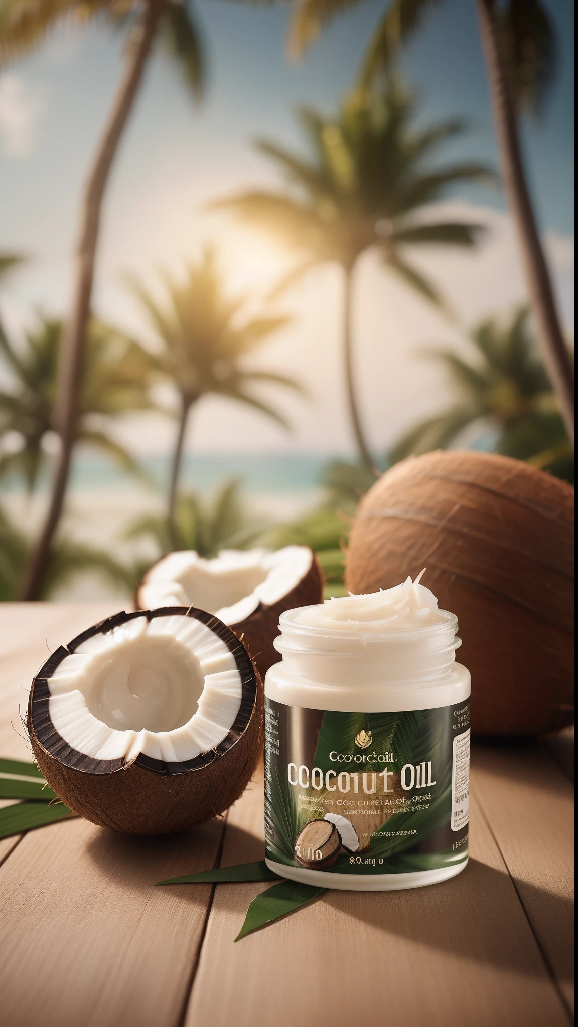 delicate advertising design for a coconut oil face cream, with three palm trees and 3 coconuts on a wood, ultra-detailed, hyper-realistic, 8k, HD, soft natural lighting, subtle detailing, concept, trending, palm, rich texture, organic, texture, outstanding detail