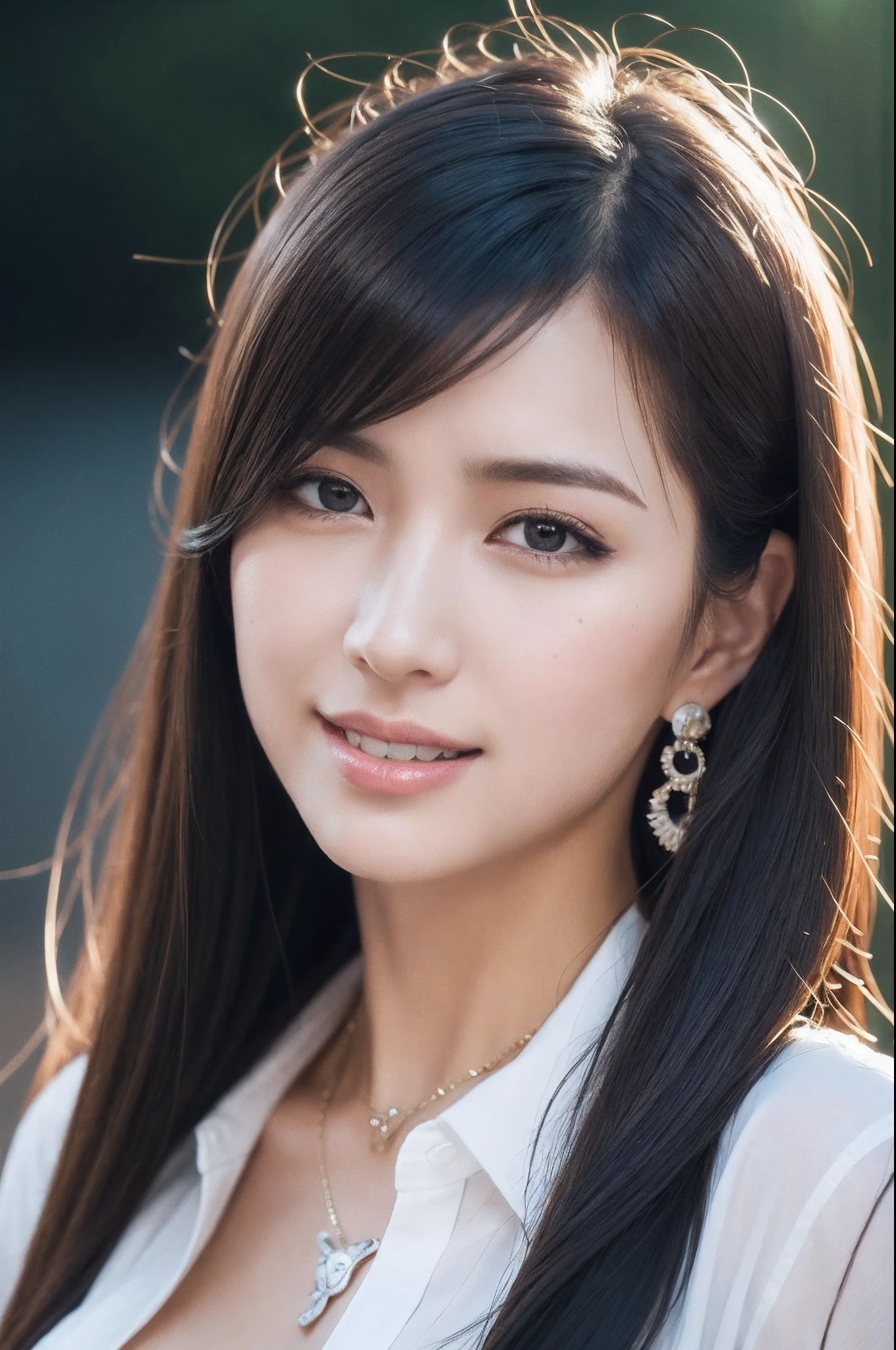 (button up to shirt length: 1.2), (White shirt wet by rain), (unbuttoned shirt: 1.1), big breasts, deep cleavage, best quality, masterpiece, illustration, very delicate and beautiful, very detailed, CG, Unity, 8K wallpapers, amazing, fine detail, highly detailed CG Unity 8K wallpapers, huge file size, very detailed, high resolution, handsome detailed woman, very detailed eyes and face, Stunning detailed eyes, light on the face, (Best illustration: 1.1), (best shadow: 1.1), ultra high resolution, (photorealistic: 1.1), (photorealistic 1.2:1.1), realistic face proportions, slim, smile, (makeup: 0.4), (fluffy black eyes: 1.21), black eyes, looking at the viewer, dark brown hair, earrings, necklaces, hairpins, cowboy shots, (irregular irregular skin imperfections, veins, skin wrinkles pores: 1.2), (dark night background: 1.2), (bokeh: 1.4),