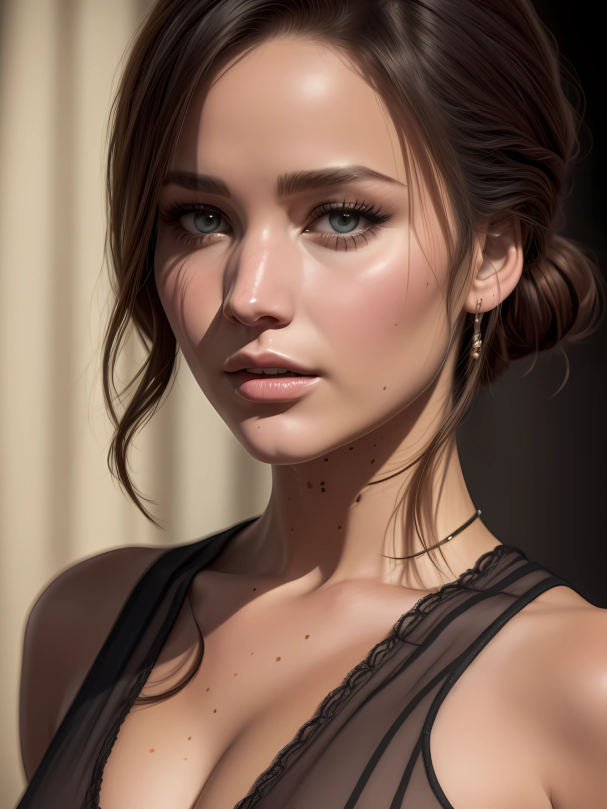 ((Uma linda mulher sensual:1.2)), obra prima, extremamente detalhado, melhor qualidade, de ((foto retrato do rosto:1.4)), (inspirada em Jennifer Lawrence). (Foto RAW, 8k UHD, qualidade superior, melhor qualidade, altamente detalhado: 1.2), (fotorrealista:1.4), detailed facial features, roupas extremamente detalhadas, sombras realistas, aspereza, textura natural da pele, vida real.