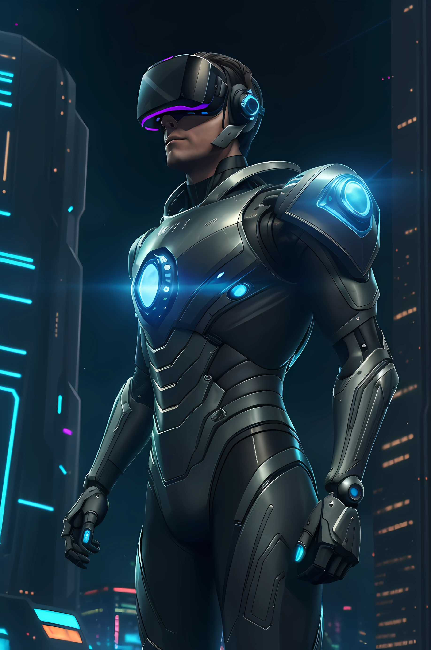 A man in a biomechanical suit, Black robotic armor and glasses stands in front of a futuristic city, VR Slit Glasses, futuristic style virtual reality glasses, Estilo cyberpunk, cyberpunk vibes, em um ambiente da Starfield, planeta do starfield,