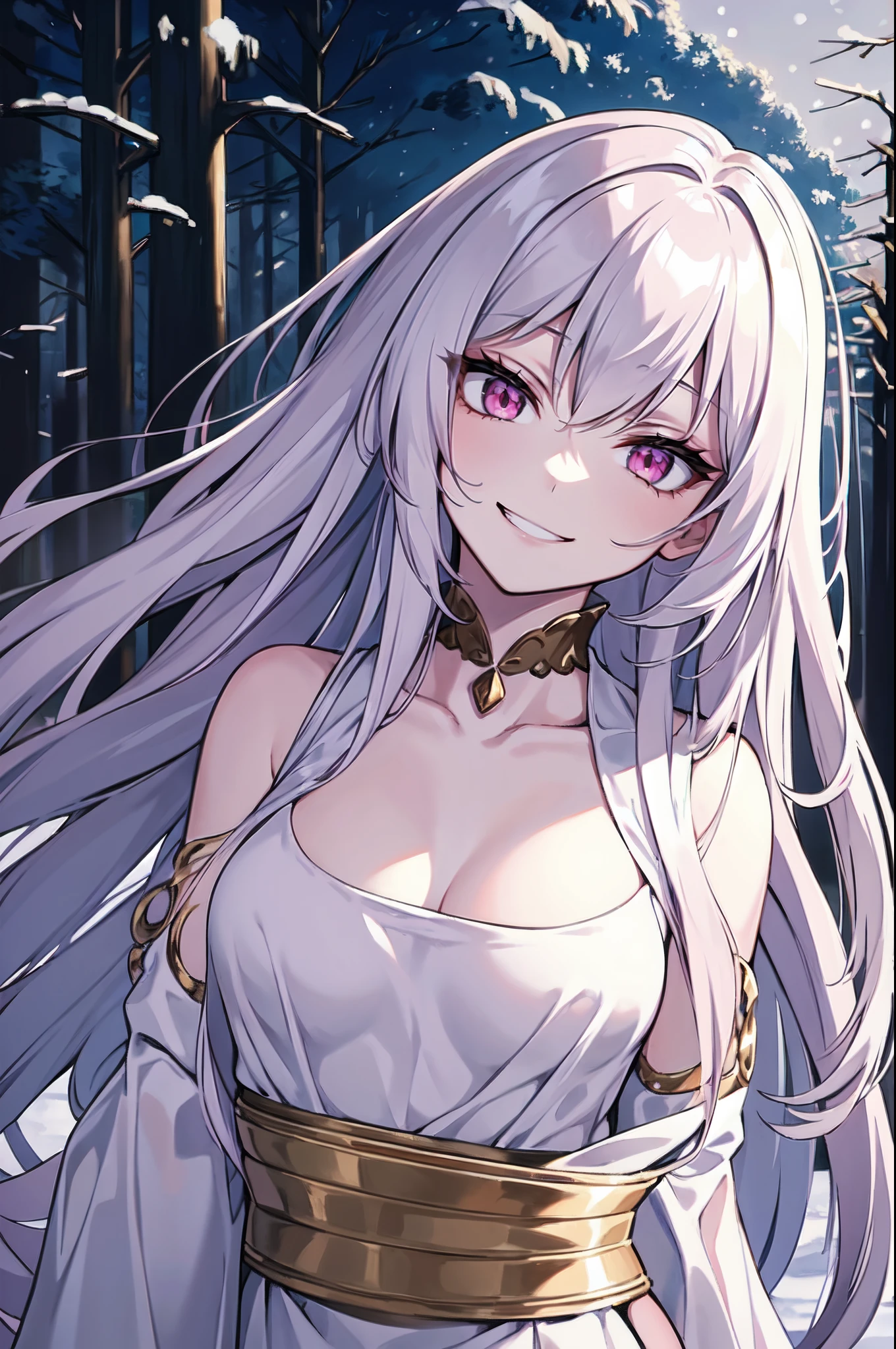 masterpiece, best quality, 16k, 1girl, solo, long hair, light hair, wavy hair, platinum hair, hair bangs, petite, (medium breasts:1.1), rating:safe, pink eyes, menacing look, hair between eyes, evil smile, grin, gesugao, madman smile, wearing a peplos, ancient greek dress, gold bracelets, arms behind back, head tilt, evil queen, royalty, goddess, majestic, ((outdoors, winter, winter forest)), face only, upper body