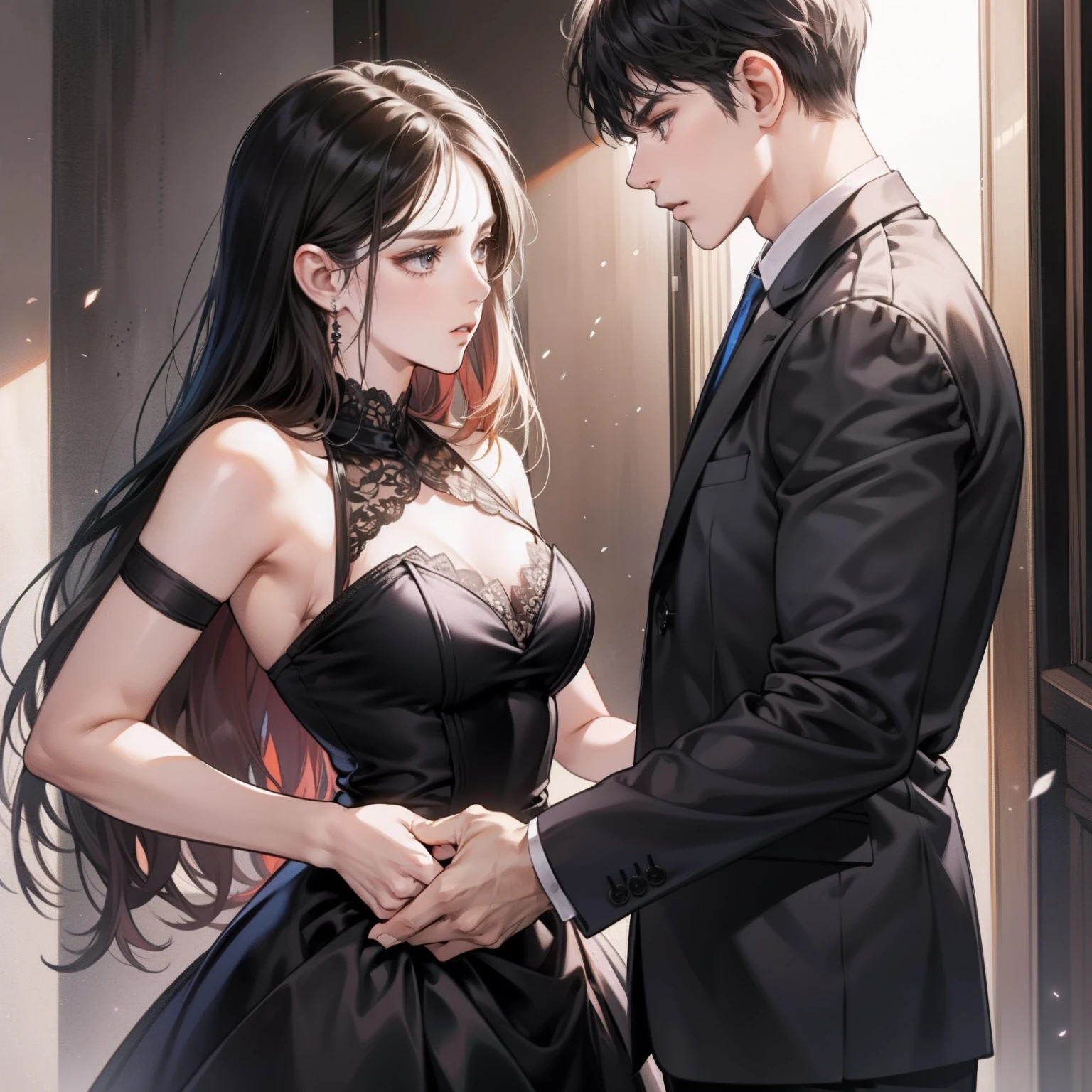 In the room, a man stood with a woman in a black dress , man holding the women shoulders, expression angry type