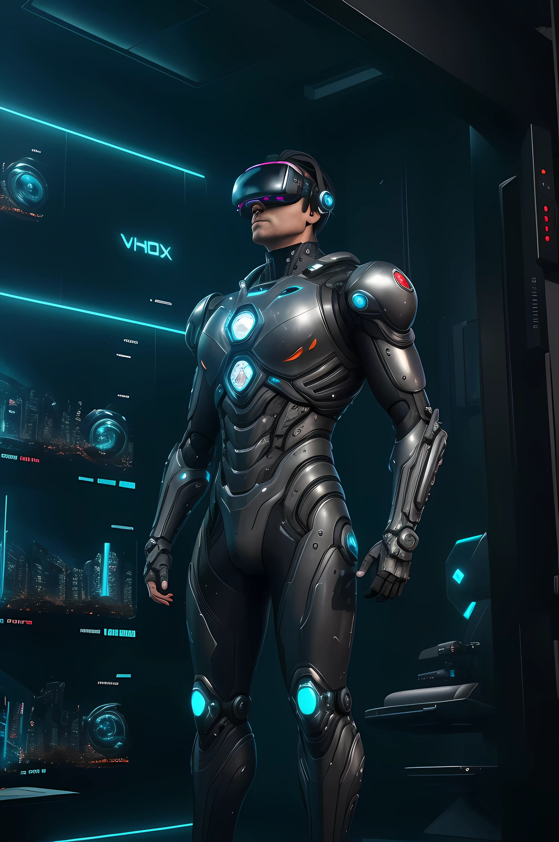 A man in a biomechanical suit, Black robotic armor and glasses in front of a futuristic city, VR Screwglasses, futuristic style virtual reality glasses, Estilo cyberpunk, cyberpunk vibes, tema de fundo em uma cabine de uma nave com vista de planetas do universo,