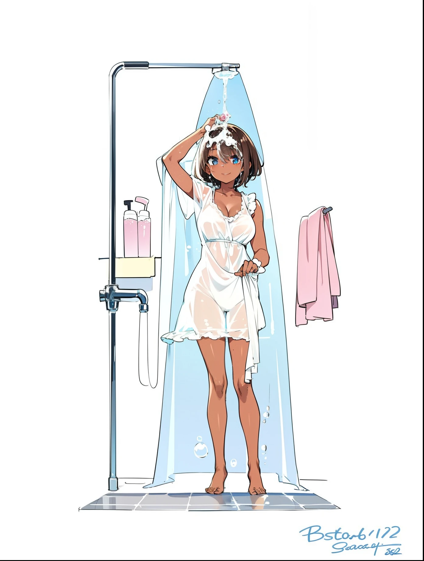 masterpiece,(bestquality),highlydetailed,ultra-detailed,blue eyes,brown hair,dark-skinned female,dark skin,full body,,short hair,smile,soap bubbles,solo,standing,bathtub