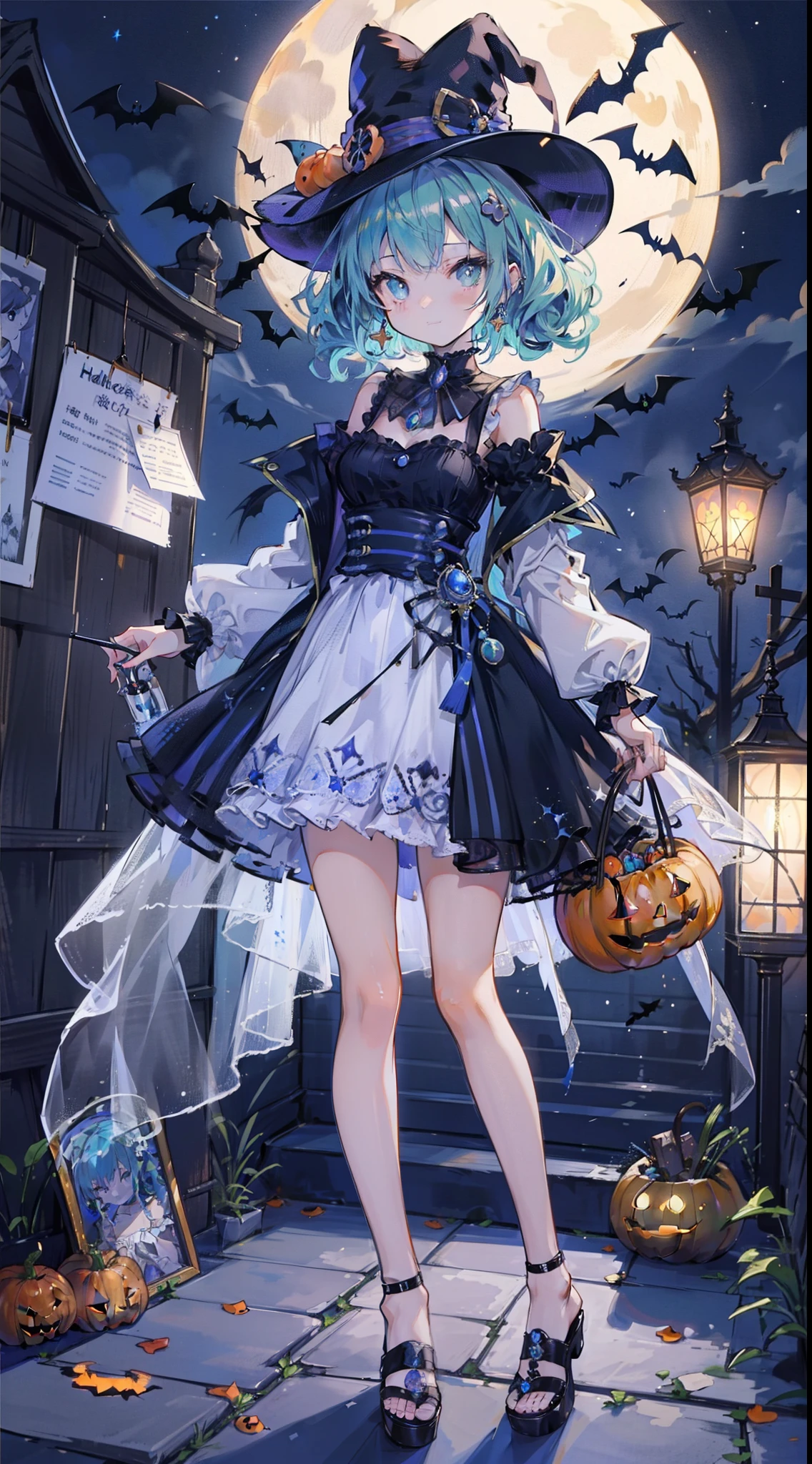 ((masutepiece, Best Quality:1.1))、8K、(Full body standing pose)、Beautiful girl with green hair,Curly,disheveled hair,Cat's ears, ((Halloween costume)),A deep blue gemstone is set on the chest.......,bare-legged,Wear a blue ankle ring on your ankle,(Holds the azure jewelry wand perfectly),Behind him are stars in the night sky with shooting stars flowing,The moon is in the sky、With a smile