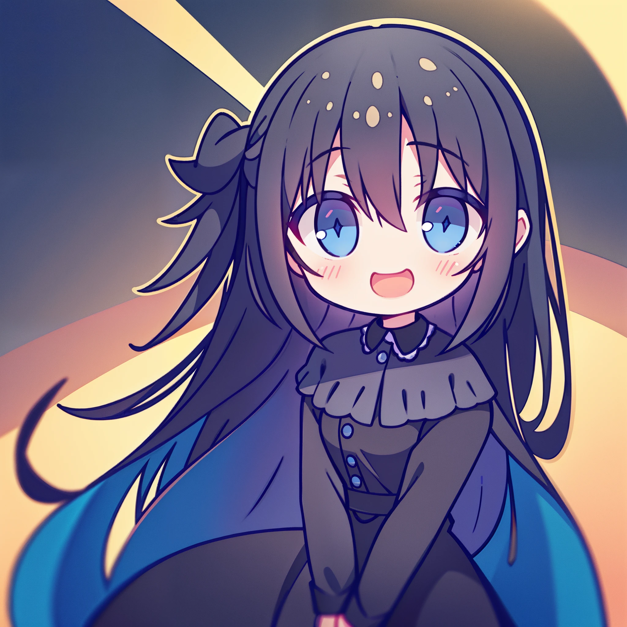 Girl laughing maliciously,Dark black hair,Bright blue eyes,Black velvet shirt,Black silk long dress