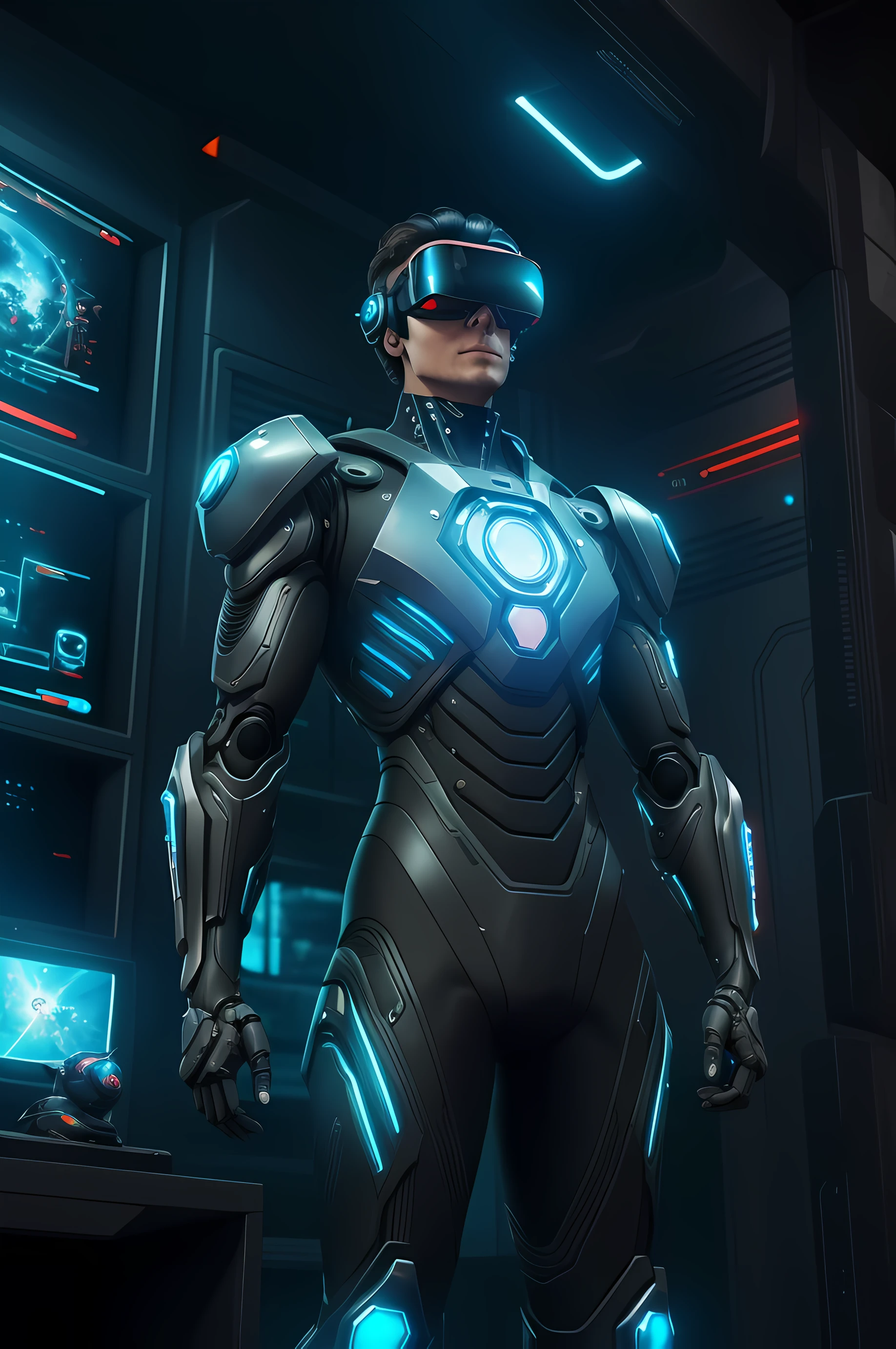 A man in a biomechanical suit, Black robotic armor and glasses in front of a futuristic city, VR Screwglasses, futuristic style virtual reality glasses, Estilo cyberpunk, cyberpunk vibes, tema de fundo em uma cabine de uma nave com vista de planetas do universo,