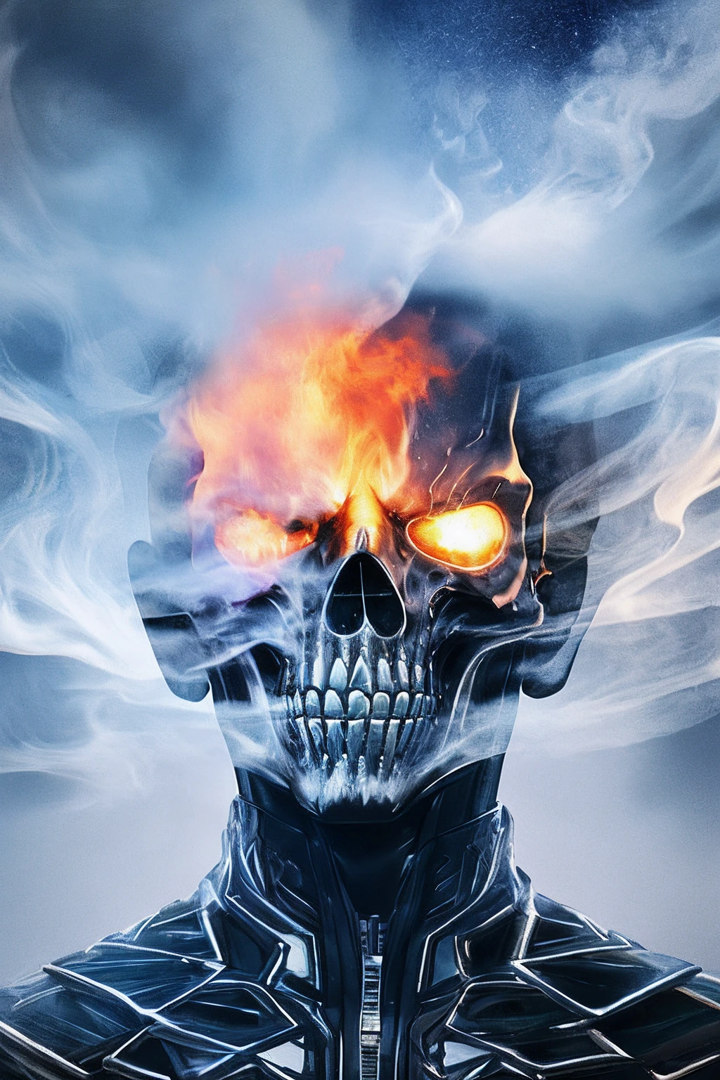 Close up, Ghost Rider из Marvel Comics, ghost, Dark, gotik, 。.3D, Ultra detailed, Surrounded by blue transparent smoke, Realistic style, Old Night Pond, full bodyesbian,