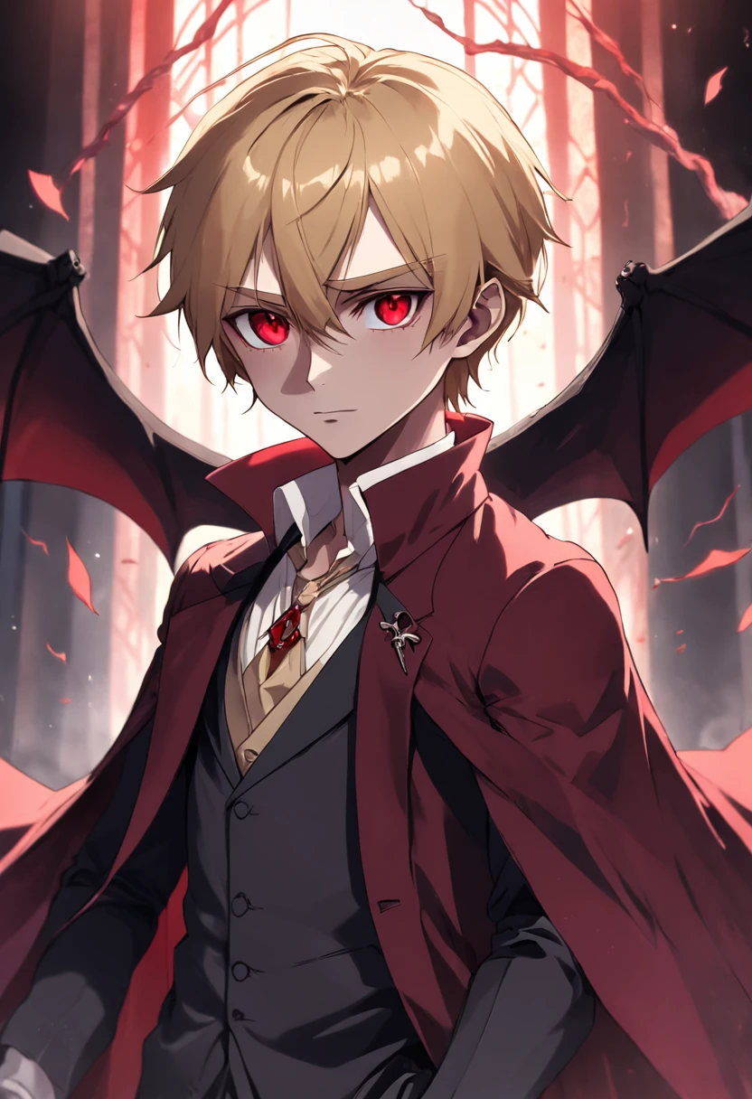 Elegant and charming male vampire,Ruby eyes,Short blonde hair,Radiates a brilliant light,On the background are countless skeletons