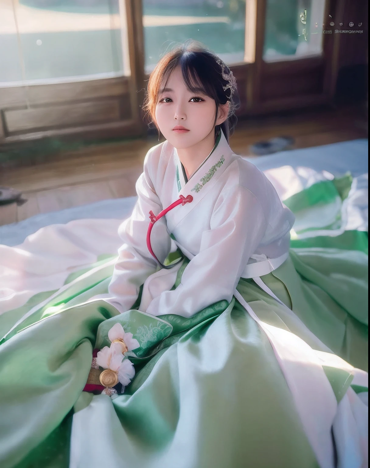 Alafed woman in green dress sitting on bed, korean hanbok, hanbok, white hanfu, Hanfu, palatial palace , a girl in hanfu, beautiful Korean women, Korean Girl, Korean Woman, Traditional dress, traditional, Traditional beauty, traditional clothes, sakimichan, traditional Chinese clothing, Traditional clothing, with acient chinese clothes