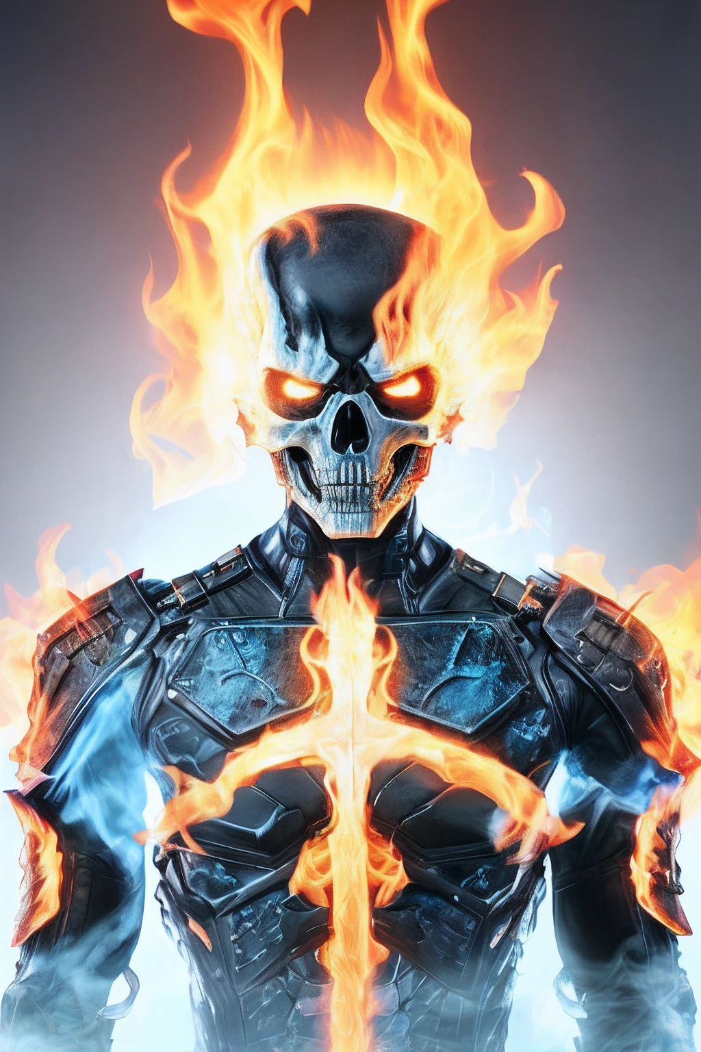 Close up, Ghost Rider из Marvel Comics, ghost, Dark, gotik, 。.3D, Ultra detailed, Surrounded by blue transparent smoke, Realistic style, Old Night Pond, full bodyesbian,
