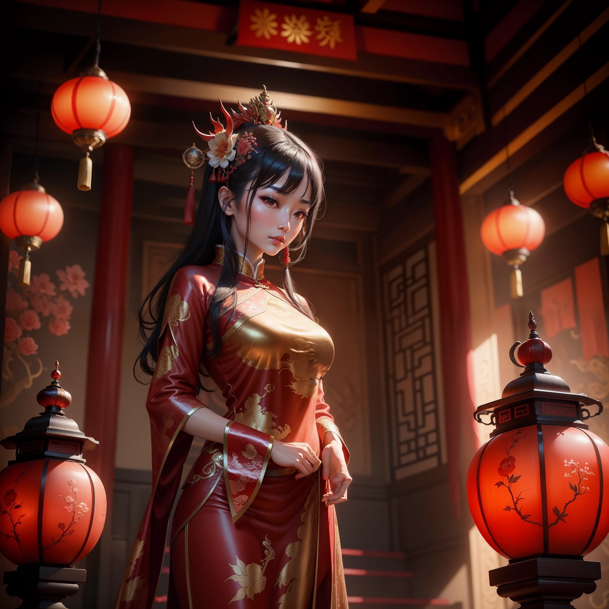 A beautiful chinese woman standing in a chinese temple near a sculpture of a dragon with red lamps hanging on the ceiling of the temple, light from the lamps shining on her with iridescent light, highly detailed images, vibrant beautiful colours, photorealistic image, 8k, ultra HD, unreal engine rendered, cinematic lighting, artgerm style,