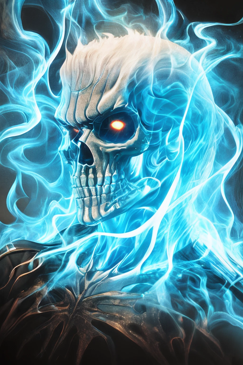 Close up, Ghost Rider из Marvel Comics, ghost, Dark, gotik, 。.3D, Ultra detailed, Surrounded by blue transparent smoke, Realistic style, Old Night Pond, full bodyesbian,