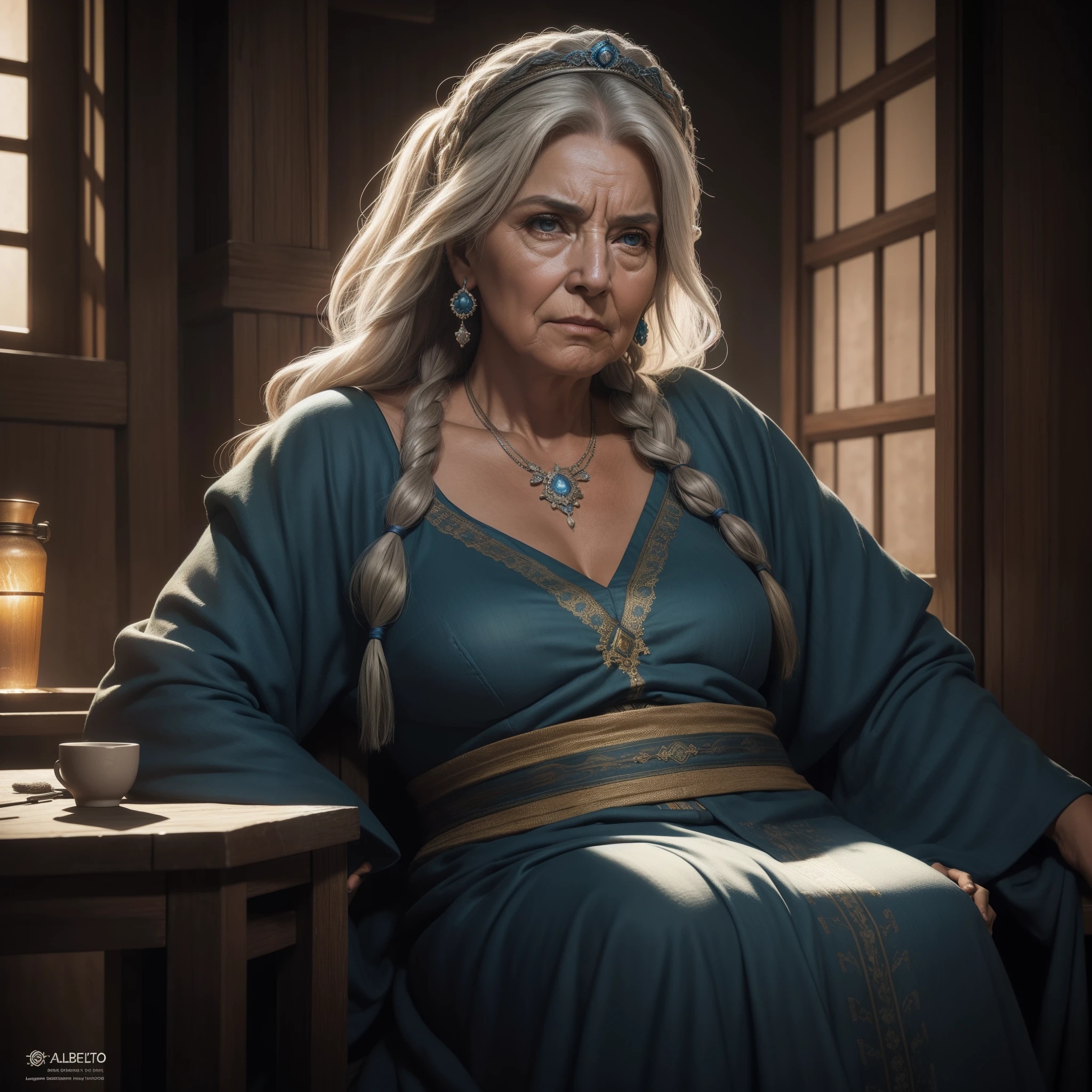 realistic portrayal of a wise old woman from ((cabelos longos e grisalhos)). The environment is immersive with realistic details and the lighting is perfect to give drama and depth to the scene., Mechanical photo: Realistic epic, Soft cinematic portrait, Adobe Lightroom, photographic lab, altamente detalhado, desbotado, (cores neutras: 1.2) , (HDR: 1.4) , (cores suaves:1.2), alto detalhamento, ( art-station:1.4), cinemactic, dramatic light, (detalhes intrincados:1.1), A ntecedentes complexos, (Rutkowski:0.66), (azul e laranja:0.4)