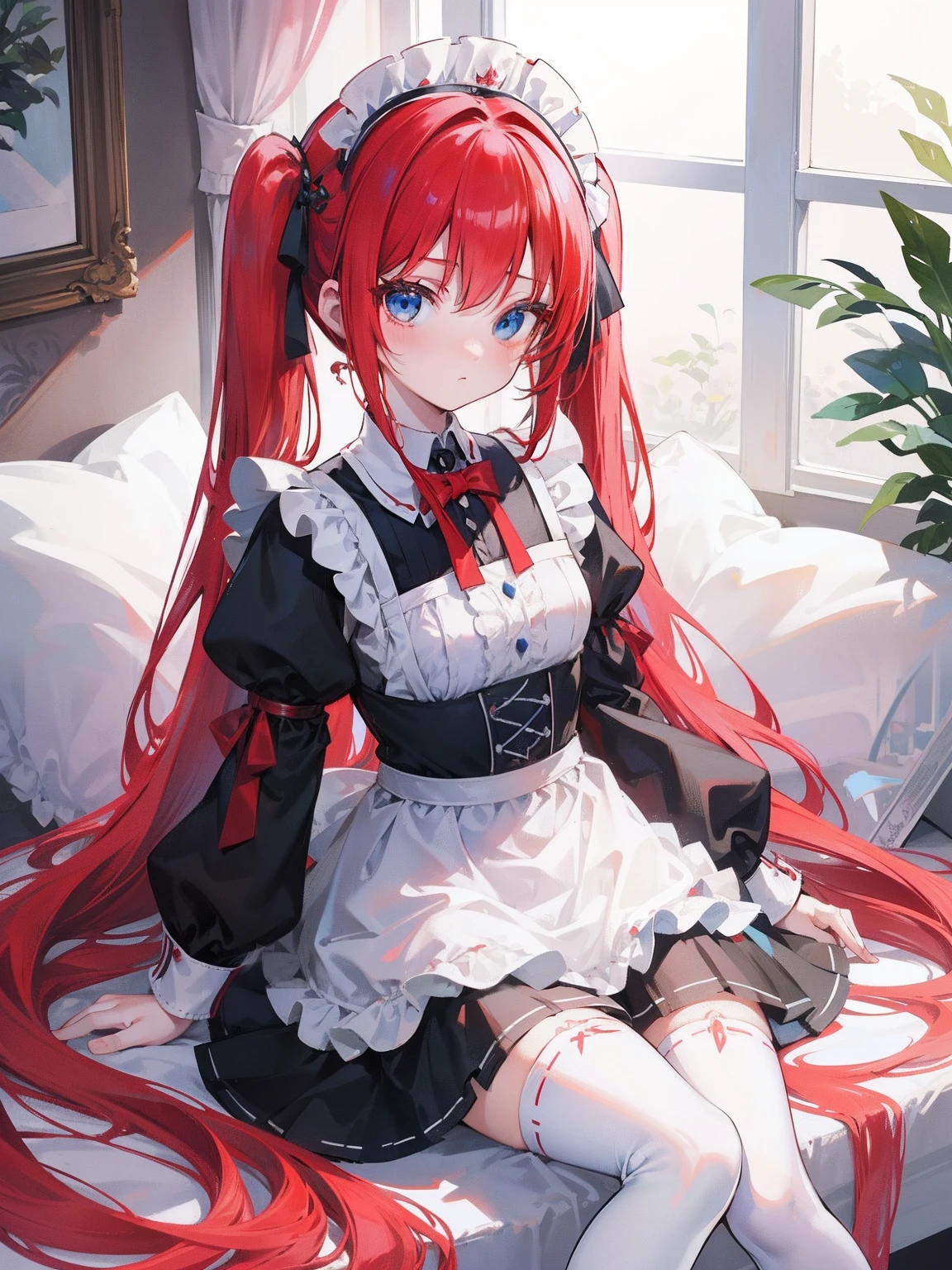 red hair,blue eyes,twintails,maid, long hair, long sleeves, gothic, solo, loli,Short skirt, white stockings,{{best quality}}, {{masterpiece}}, {{ultra-detailed}}, {illustration}, {detailed light}, {an extremely delicate and beautiful},little girl,cute,dragon horns