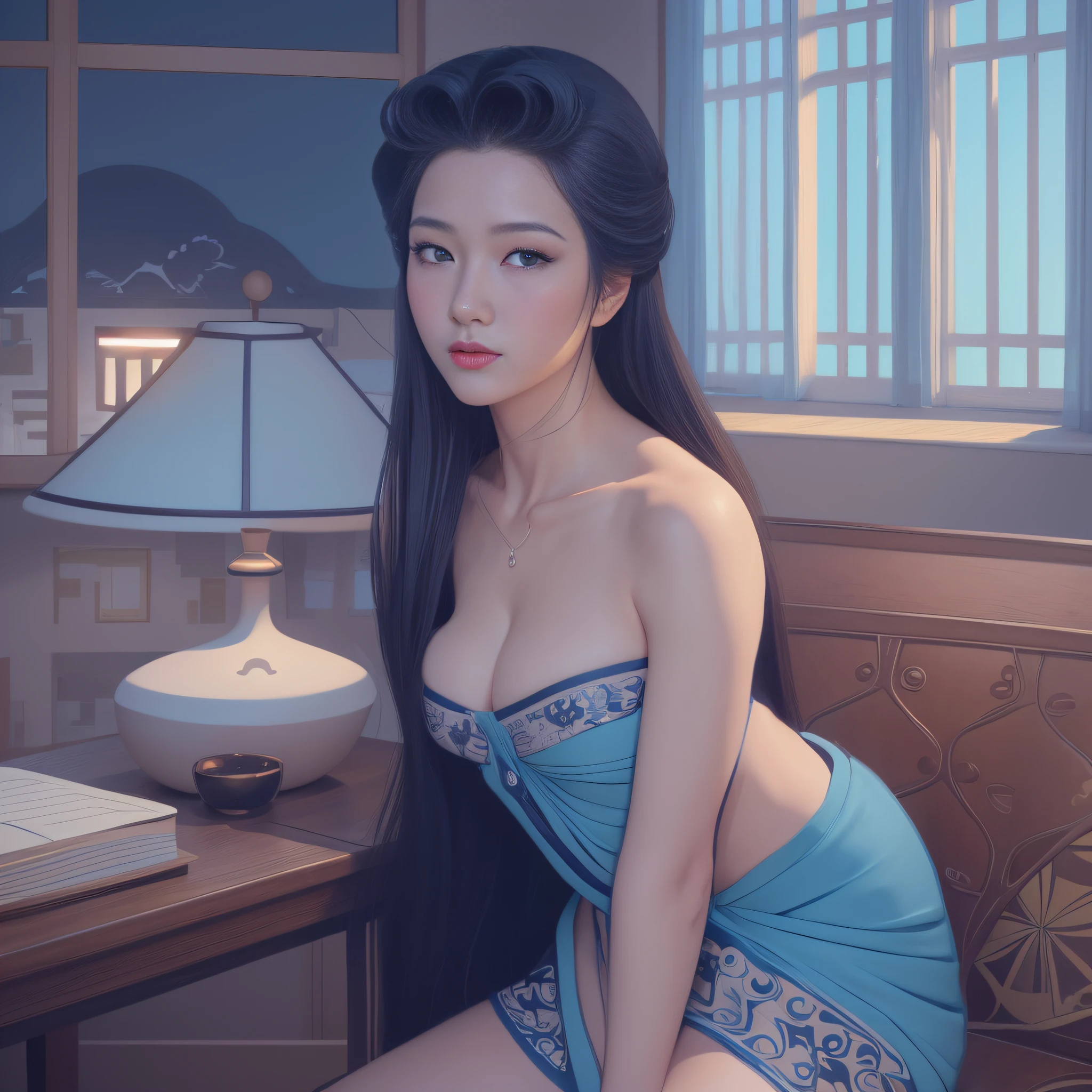 desenho animado de uma mulher em um vestido azul sentado em uma cama, mulher bonita sedutora do anime, a beautiful artwork illustration,  anime sedutora, Digital anime illustration, arte digital de um elegante, arte de pintura digital dos desenhos animados, exquisite digital illustration, inspirado por Chen Yifei, in illustration style digital, inspirado em Li Tang, inspirado em Yun-Fei Ji, color digital illustration.