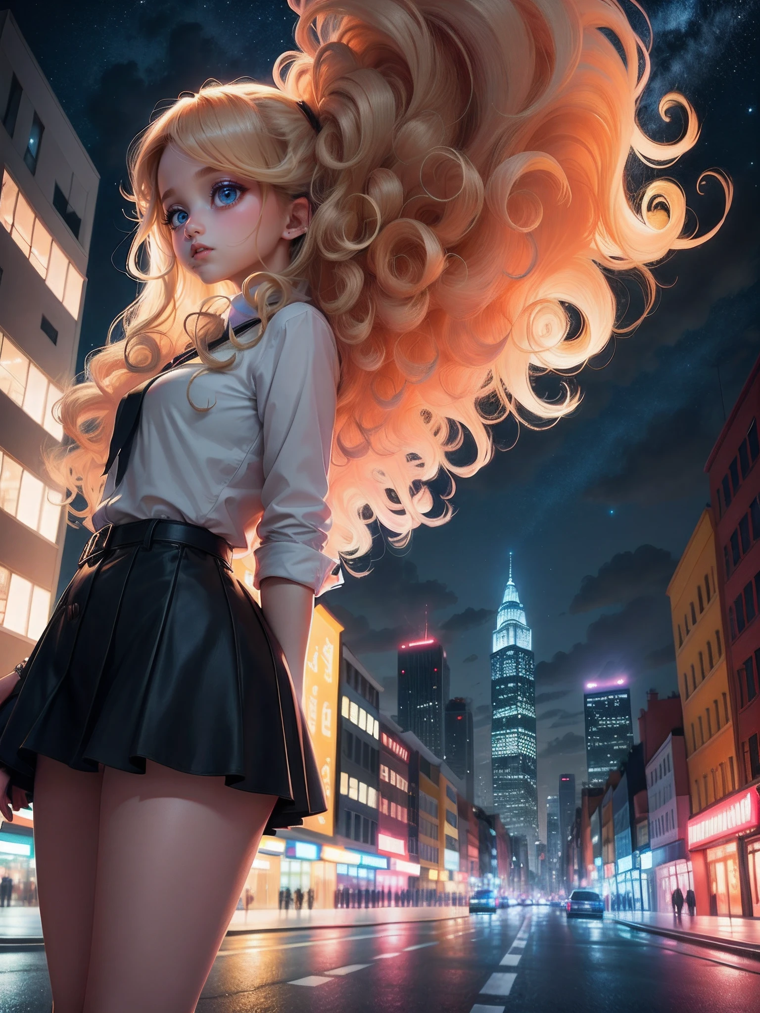 Colourful city sky,night, building,girl see up the sky, blonde,long Curly hair, center of the road