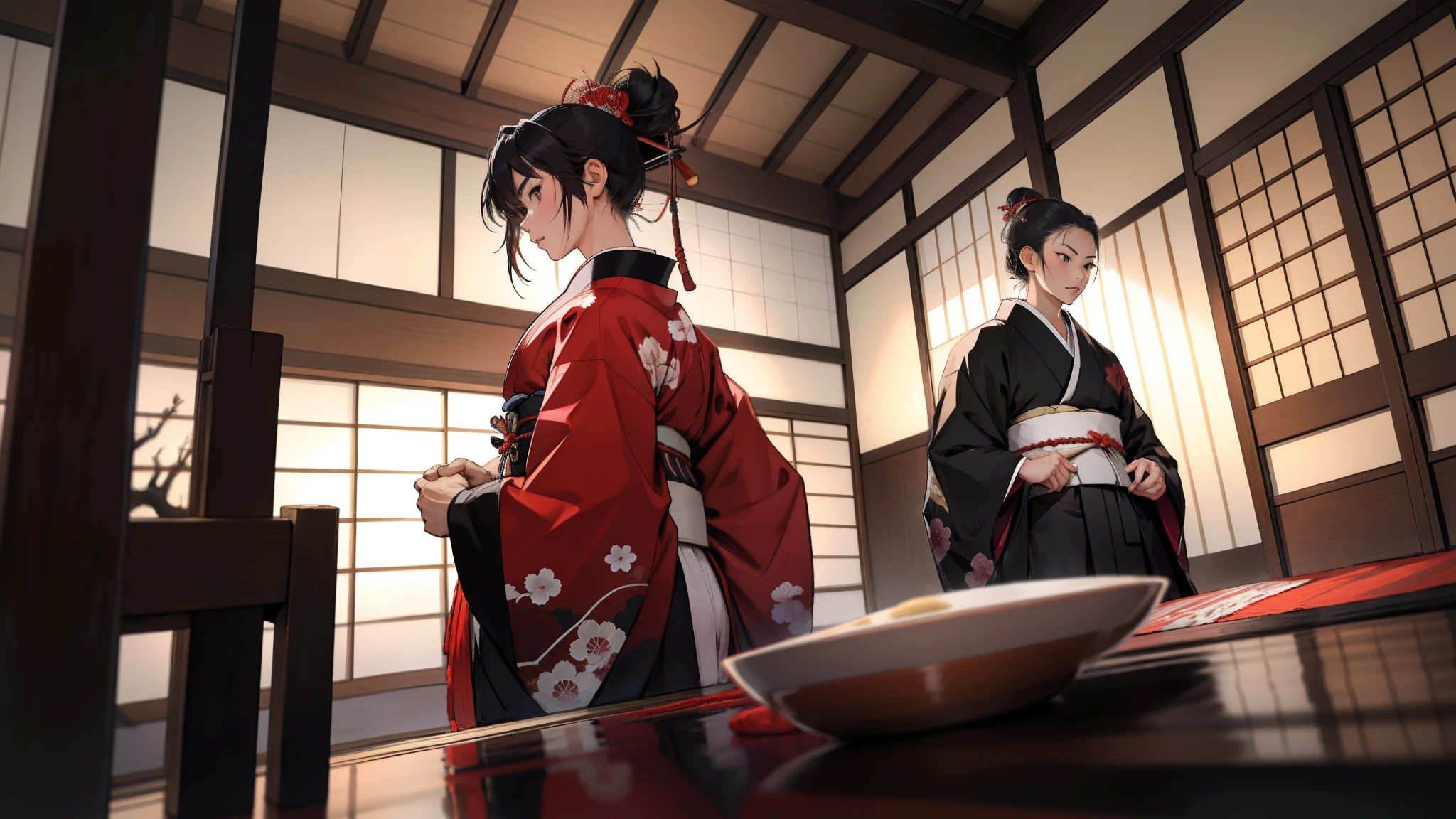 female samurai kimono in a Japanese house traditional . (muscle: 2.0)