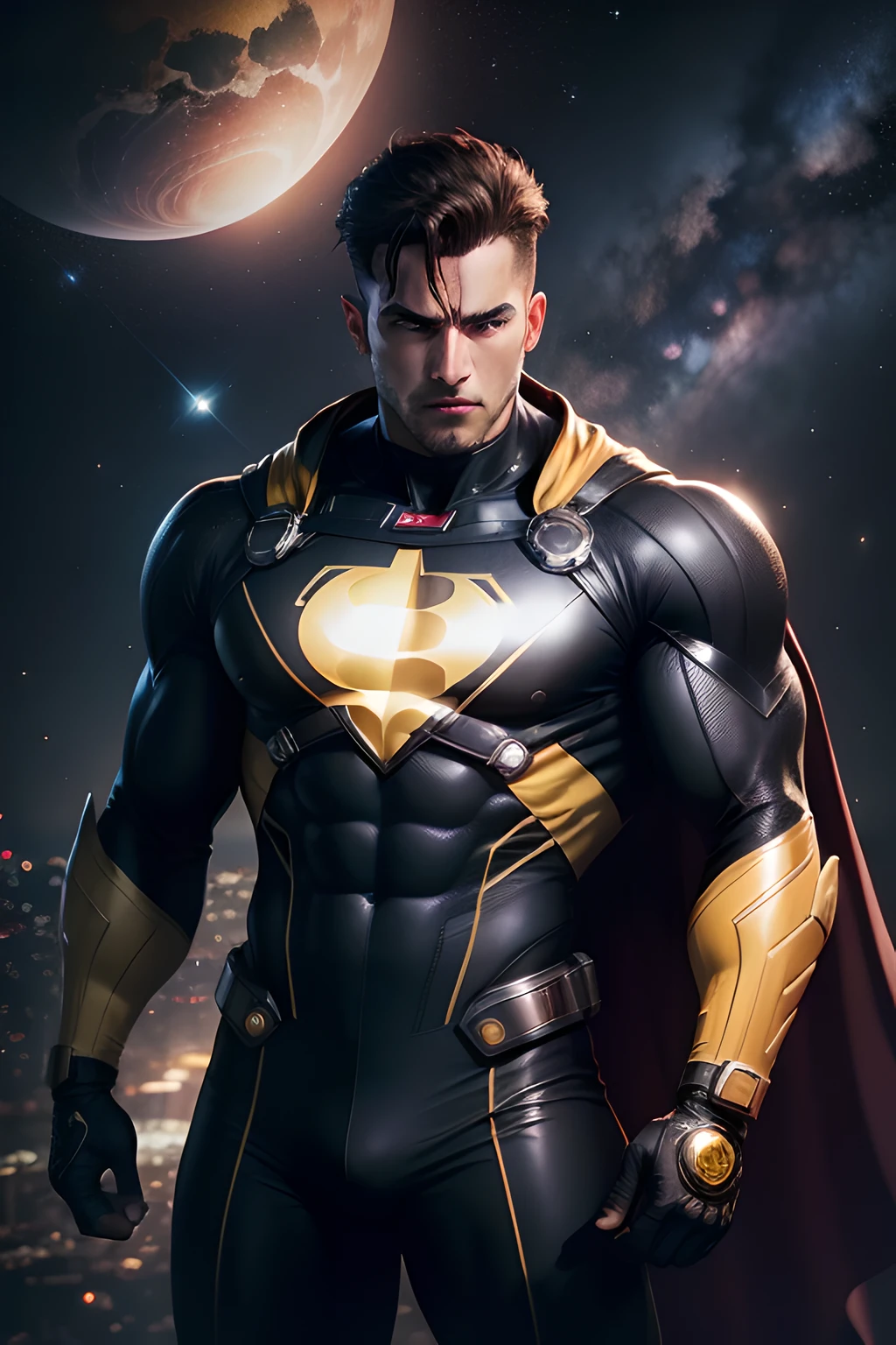 Man superhero with yellow and black suit, with the suit style, Black Adam flying in outer space, with a view of planets and nebulae and technological elements;, tons amarelos e pretos, fotorrealista, cinemactic, 4k, Full HD, cinematic realistic photo, luzes amarelas, 80mm, Bokeh, FKING_cinema_v2, 8k, cinemactic