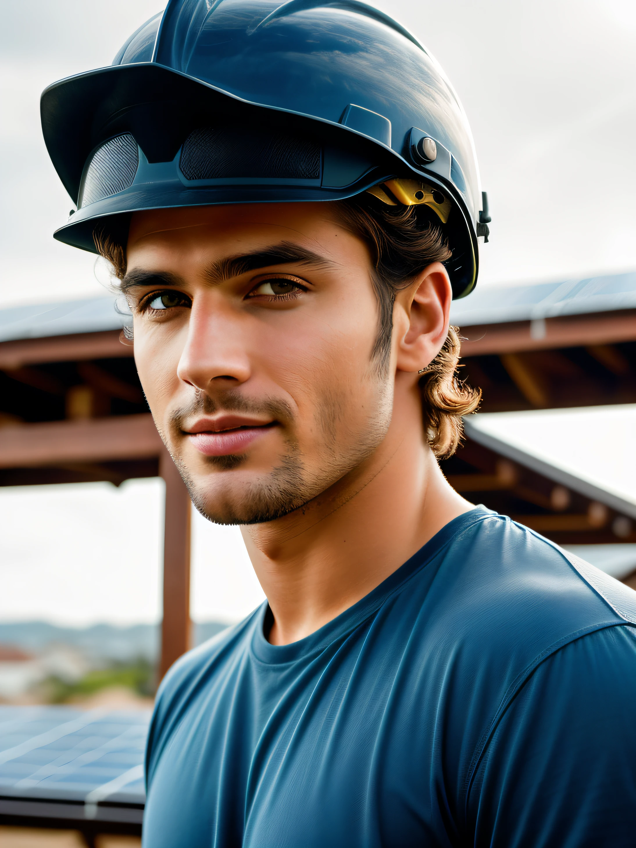 Cinematic soft lighting illuminates a stunningly detailed and ultra-realistic handsome Brazilian male supermodel installing solar panels, roofer look, hard hat on, blue t shirt,  short messy windy brown hair, clear honey eyes, captivating perfect smile, sensual, hot man, insanely handsome, that is trending on ArtStation. Octane is the perfect tool to capture the softest details of this 16k photography masterpiece.